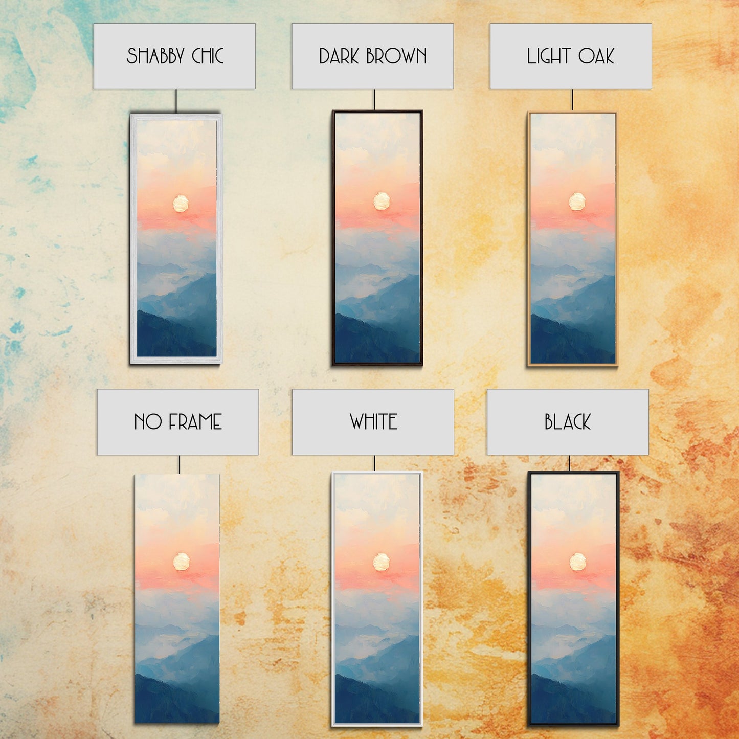 Wabi Sabi Sunset Oil Painting Print, Framed Canvas, Coastal Decor, Sunrise Over The Mountains, Boho Style Wall Art, Tall Narrow Wall Art