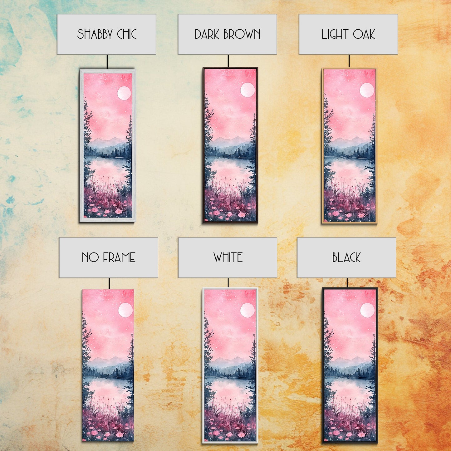 Moonlit Pink Forest Canvas Print, Moody Mountain Landscape Painting, Wildflower Rustic Vertical Wall Art, Cozy Living Room Decor