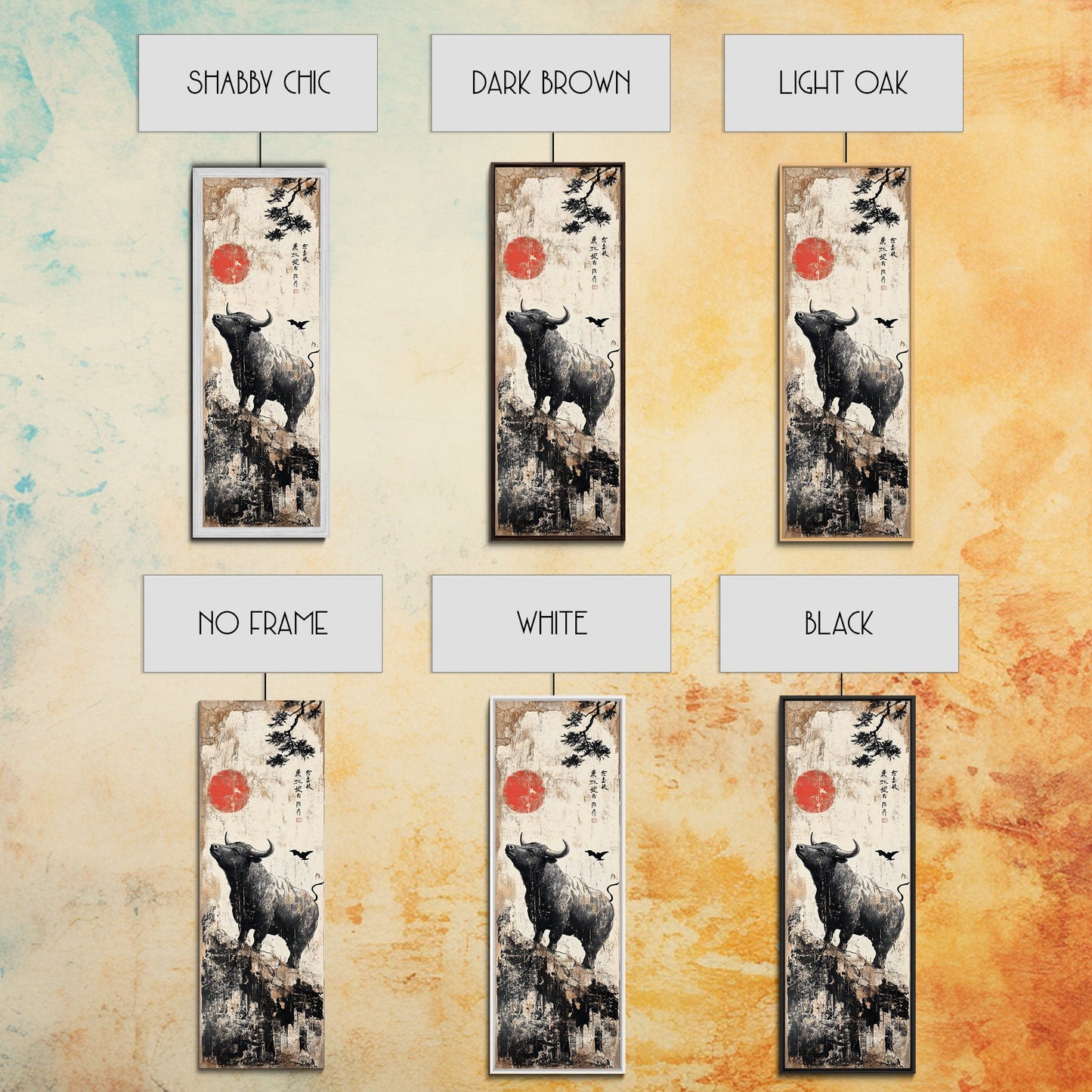 Rustic Buffalo Art Canvas Print, Wabi Sabi Minimalist Decor, Red Sun Vertical Art, Farmhouse Living Room Rustic Wall Artwork