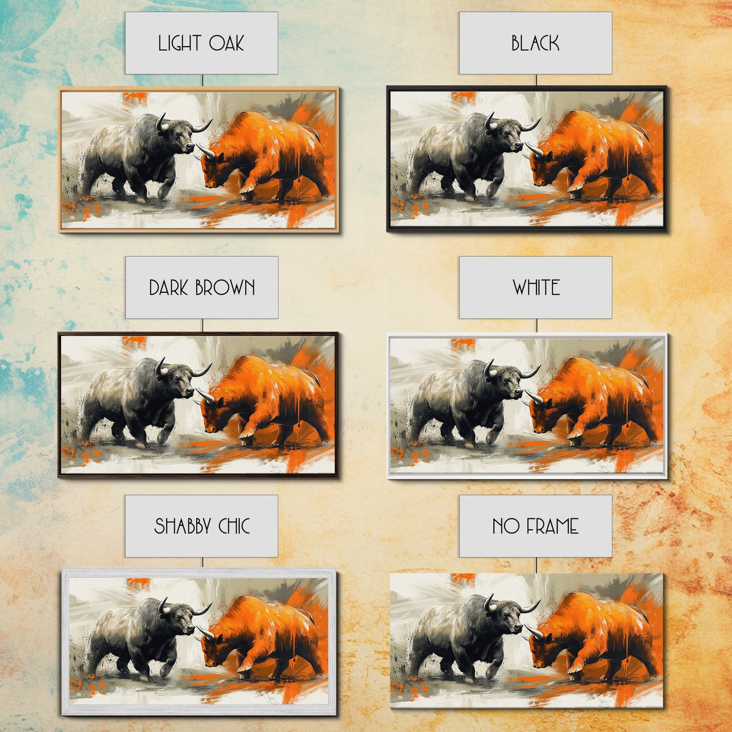 Moderner Leinwanddruck mit Stier und Bär, gerahmt, Geschenkidee, Kunst für den Finanzmarkt, Wanddekoration, rustikale Kunst über dem Sofa