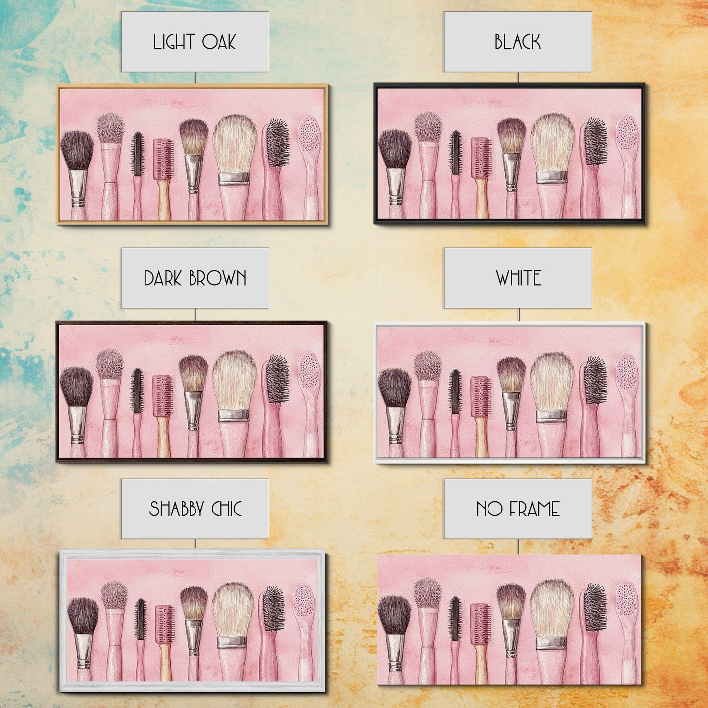 Makeup Brush Art Framed Canvas Print, Light Pink Chinoiserie Wall Art Whimsical Decor, Minimalist Art Rustic Wall Gift Idea