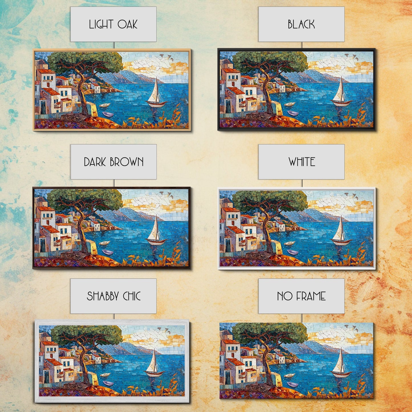 Coastal Sailboat Scene Mosaic Canvas Print - Nautical Decor Seascape Painting - Rustic Fall Wall Art Above Sofa Coastal Home Art