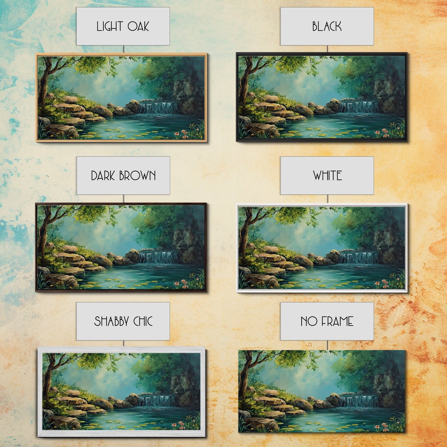 Ruhiges Wasserfall-Landschaftsbild, gerahmter Leinwanddruck, rustikale Wohnzimmerdekoration, friedliche Naturszene, Wandbild im Landhausstil