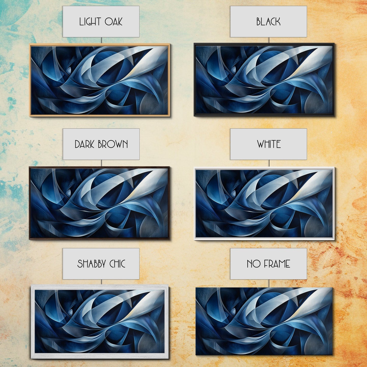 Abstract Blue Swirls Canvas Print, Geometric Wall Art Horizontal Decor, Moody Modern Artwork Gift Idea Living Room Panoramic Art