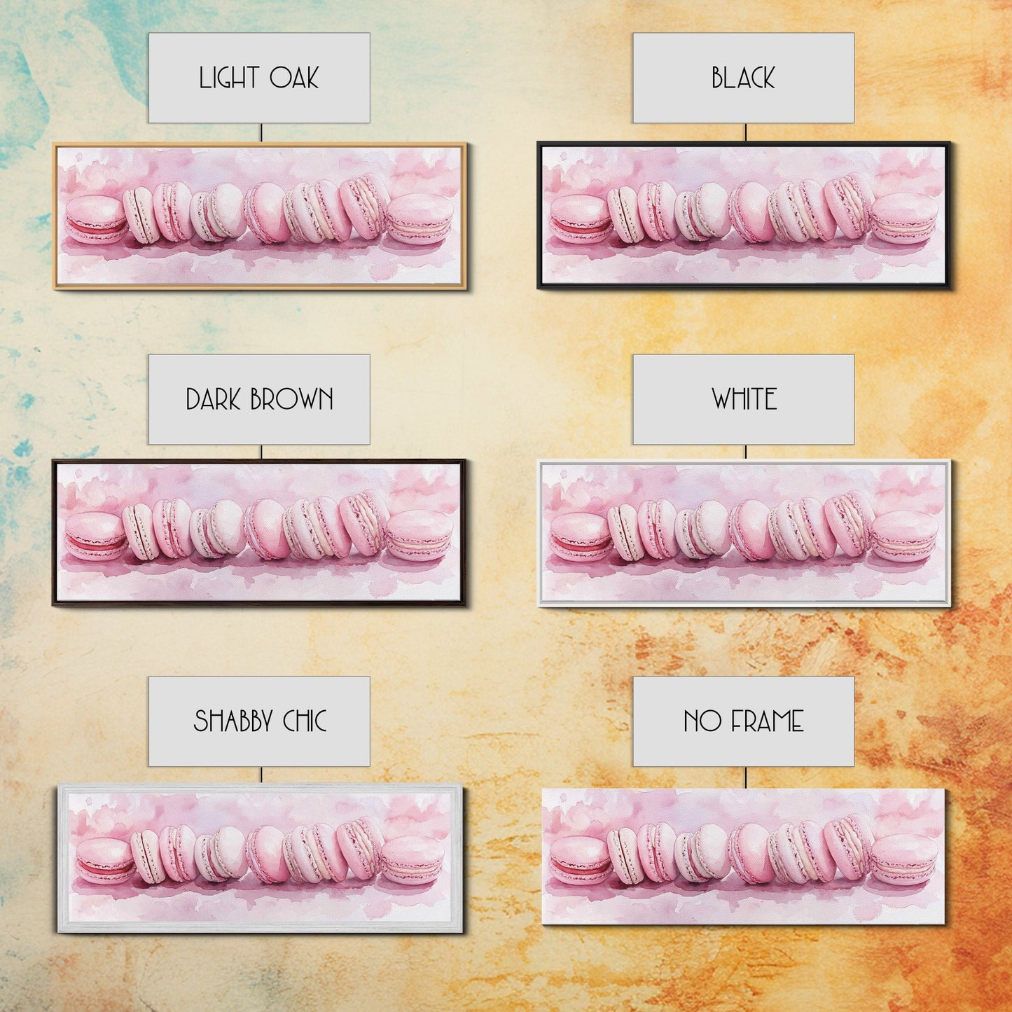 Whimsical Macarons Pink Wall Art Framed Canvas Print Extra Wide Horizontal Dessert Painting Food Review Kitchen Art