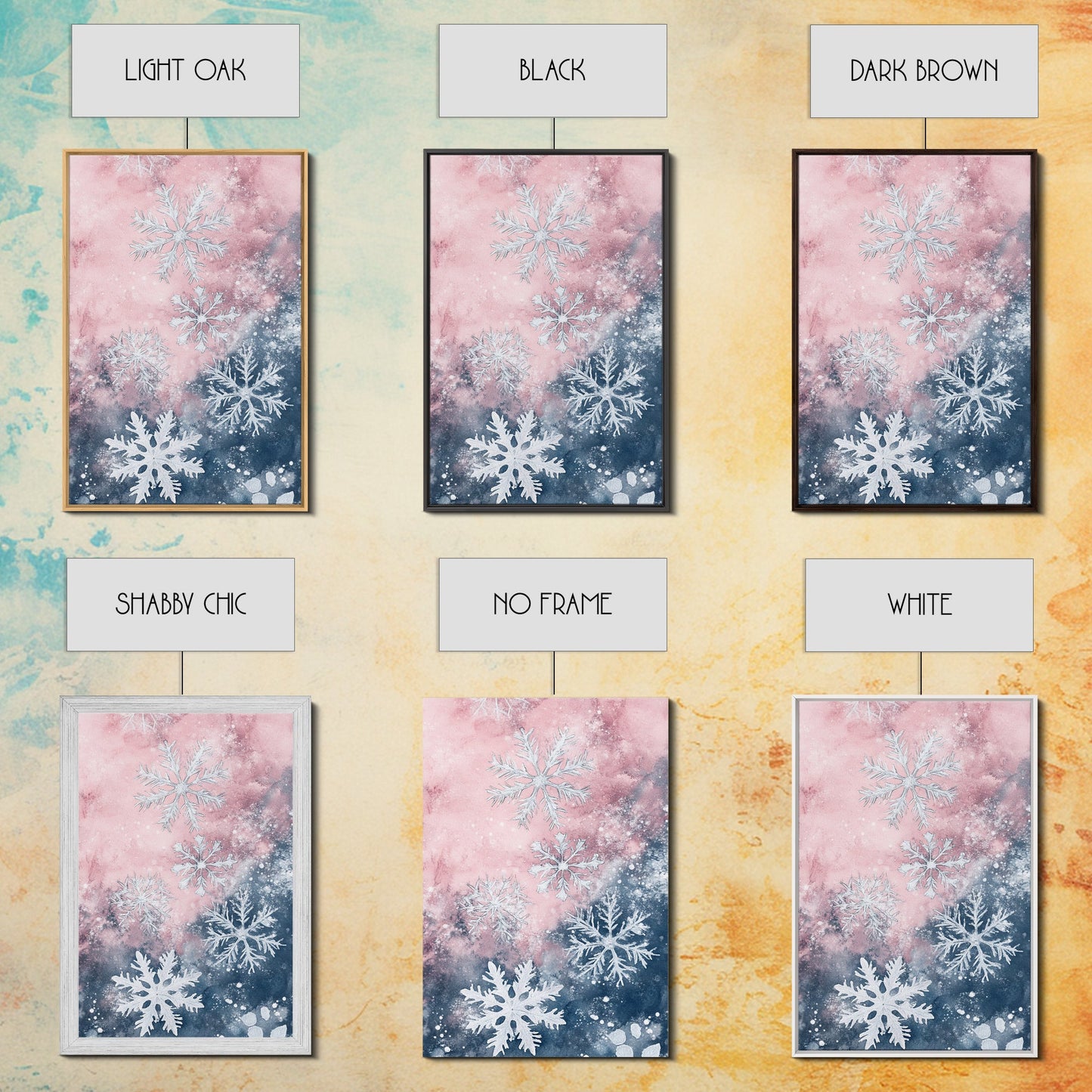 Snowflake Winter Light Pink Wall Art Framed Canvas Print | Wabi Sabi Minimalist Christmas Art | Cozy Holiday Living Room Decor