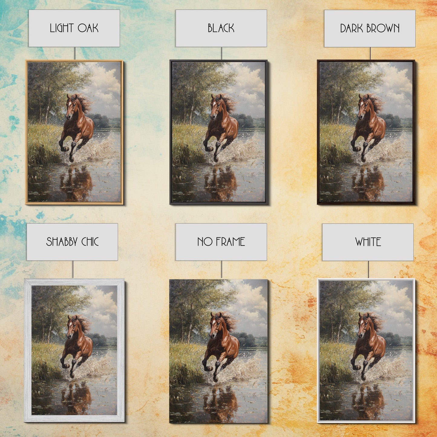 Splashed Stallion Crossing Water Framed Canvas Print Vintage Horse Art Rustic Wall Art Living Room Gift Idea Boho Style