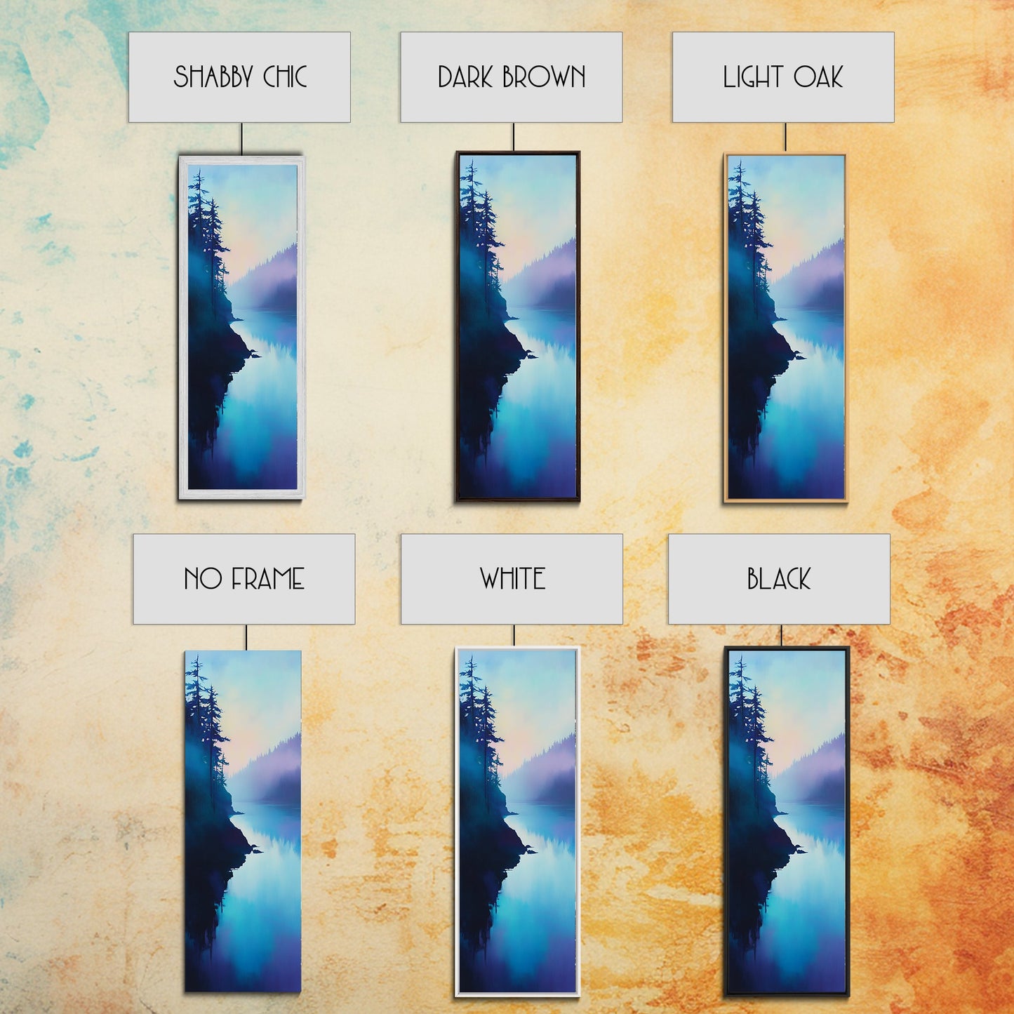 Misty Lake, forest at dusk painting, blue and green wall art, moody art, vertical wall art, pine tree art, framed canvas print