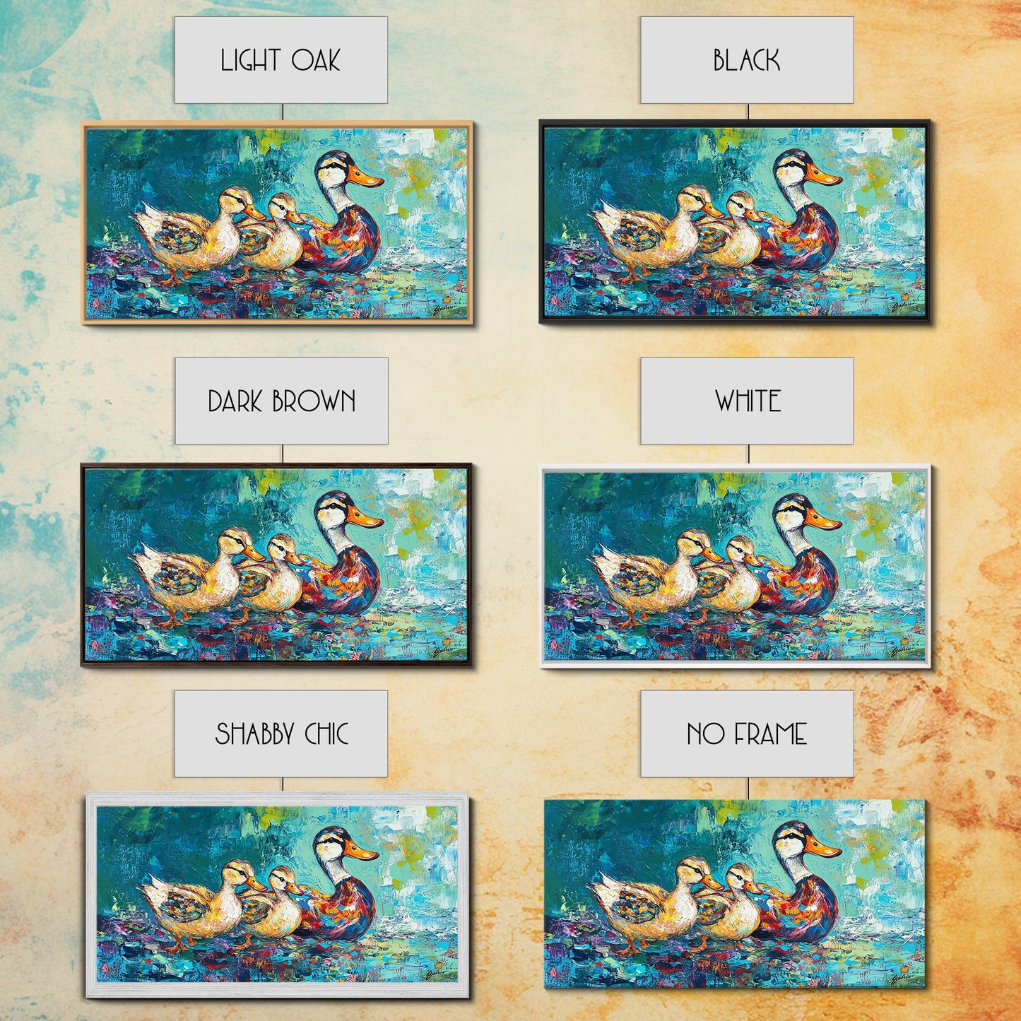 Entenfamilie, Vogelkunst, verspielte Kunst, türkisfarbene Wandbilder, Geschenkidee für sie, Landschaftsmalerei, extra breite Kunstwerke, gerahmter Leinwanddruck