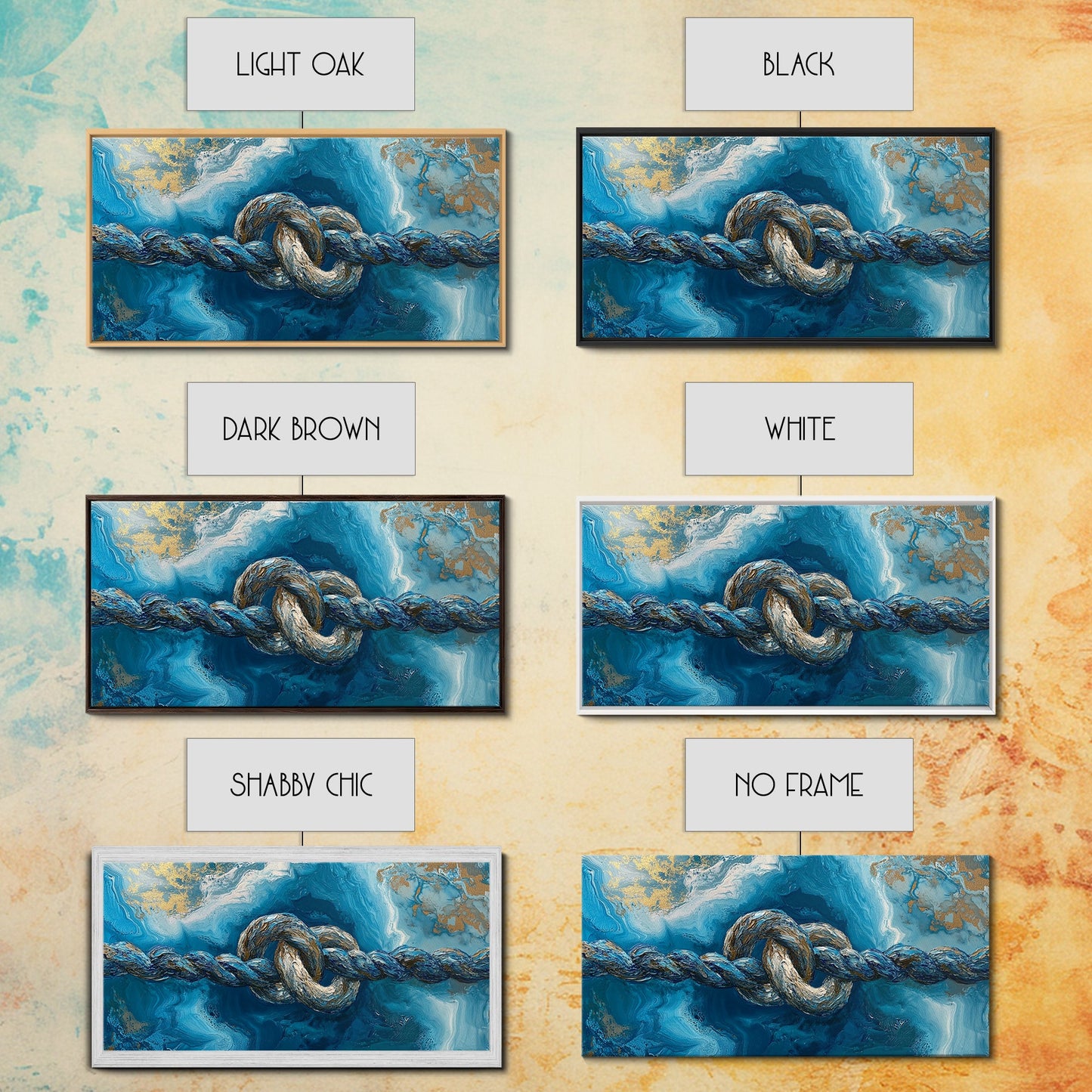 Ozeanseil, maritime Dekoration, blau-goldene Wandkunst, Küstenmalerei, Seestückmalerei, horizontale Wandkunst, gerahmter Leinwanddruck