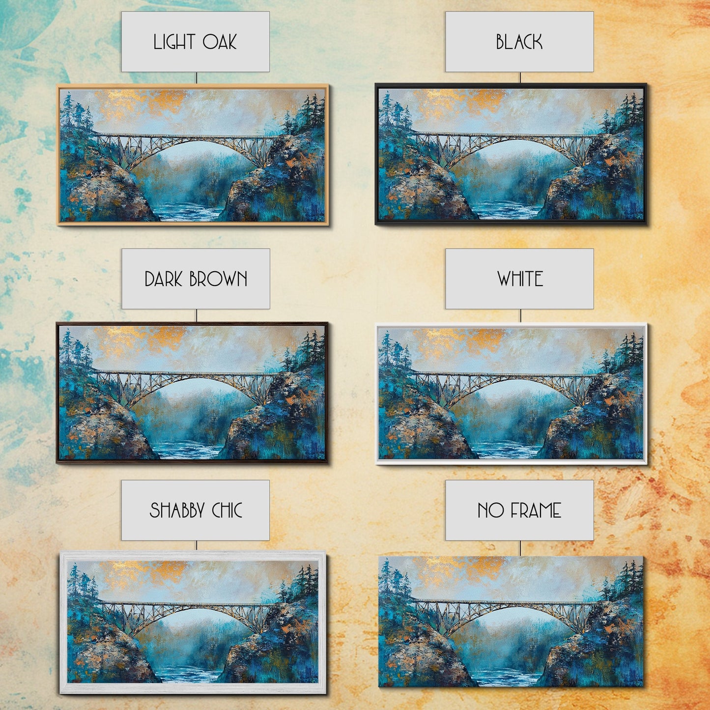 Stahlbrücke, Landschaftsmalerei, Berglandschaft, Panoramabild, gerahmter Leinwanddruck, Wandbild in Blau und Grün