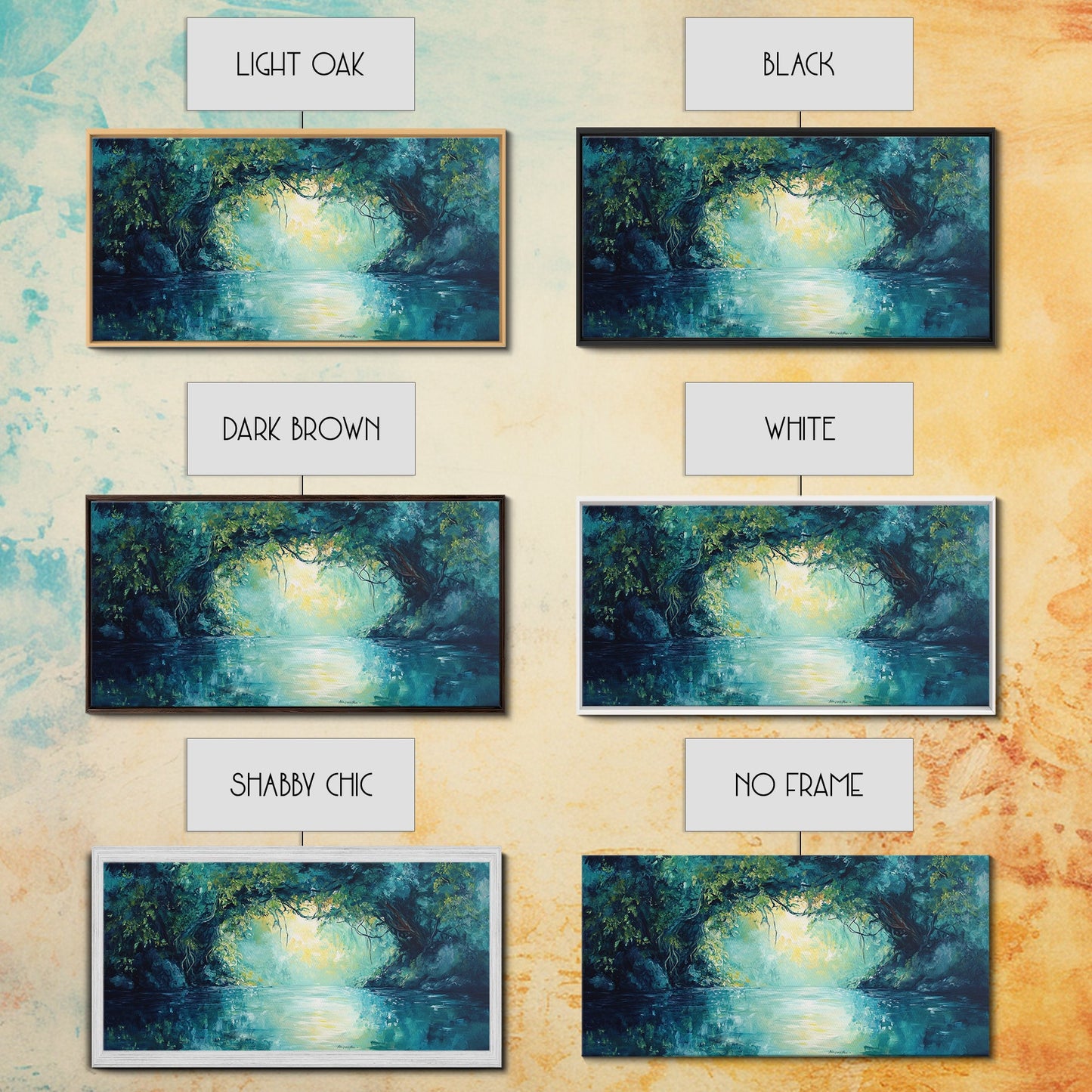 Mystischer Fluss, gerahmter Leinwanddruck, Landschaftsmalerei, stimmungsvolle Kunst, Wald in der Abenddämmerung, türkisfarbenes Wandbild, extra breites Bild