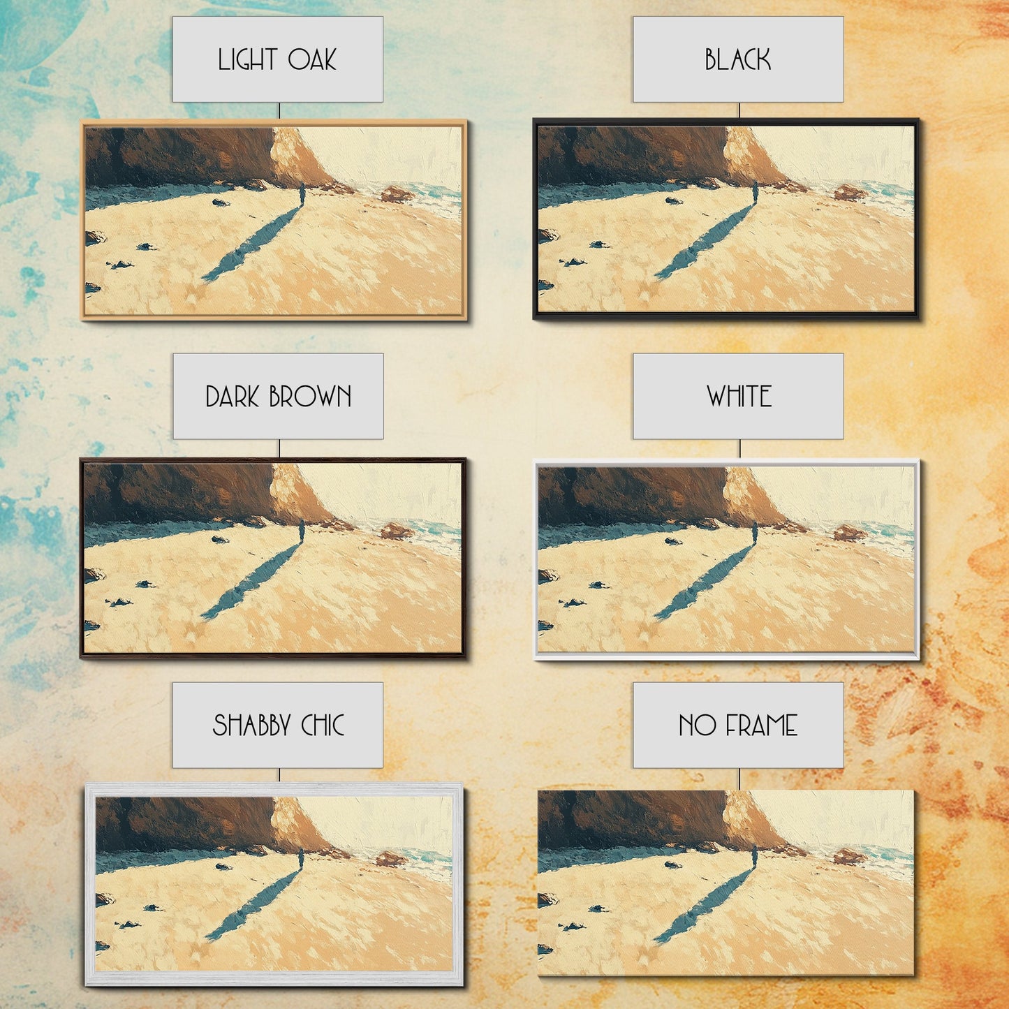 Lone Beach Wanderer, Framed Canvas Print, landscape painting, moody art, wabi sabi wall art, extra wide art, above bed wall art