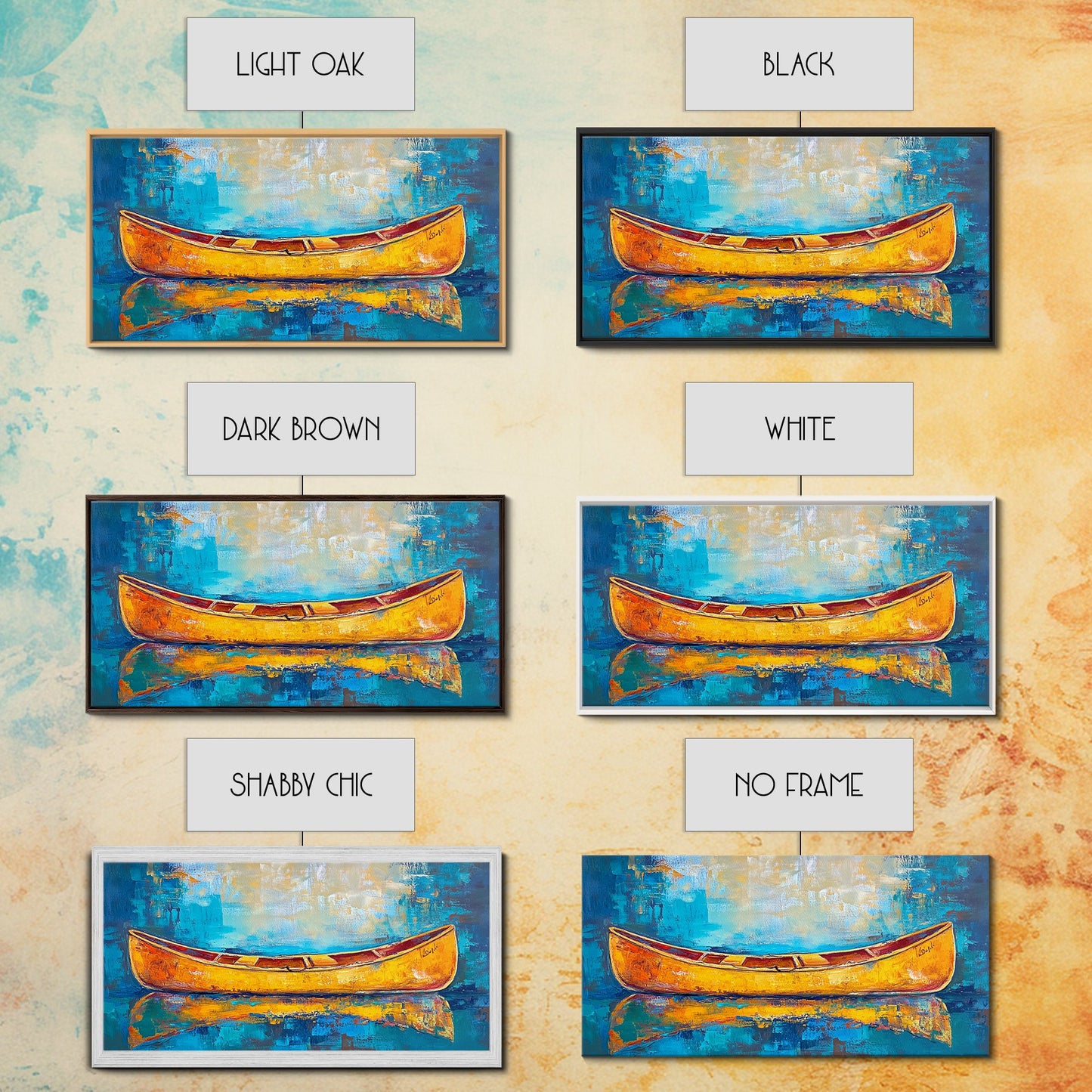 Golden Canoe, Framed Canvas Print, fisherman painting, lake Tahoe art, rustic decor, nautical decor, extra wide art, landscape painting