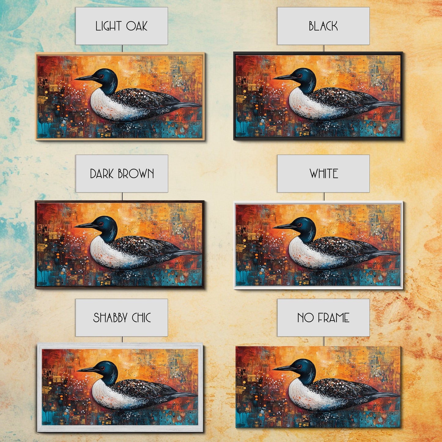 Gemälde eines Seetauchers, Vogelkunst, Tierkunst, Naturmalerei, Wandbild mit türkisfarbenem Motiv, gerahmter Leinwanddruck, Seedekor, rustikale Wandkunst