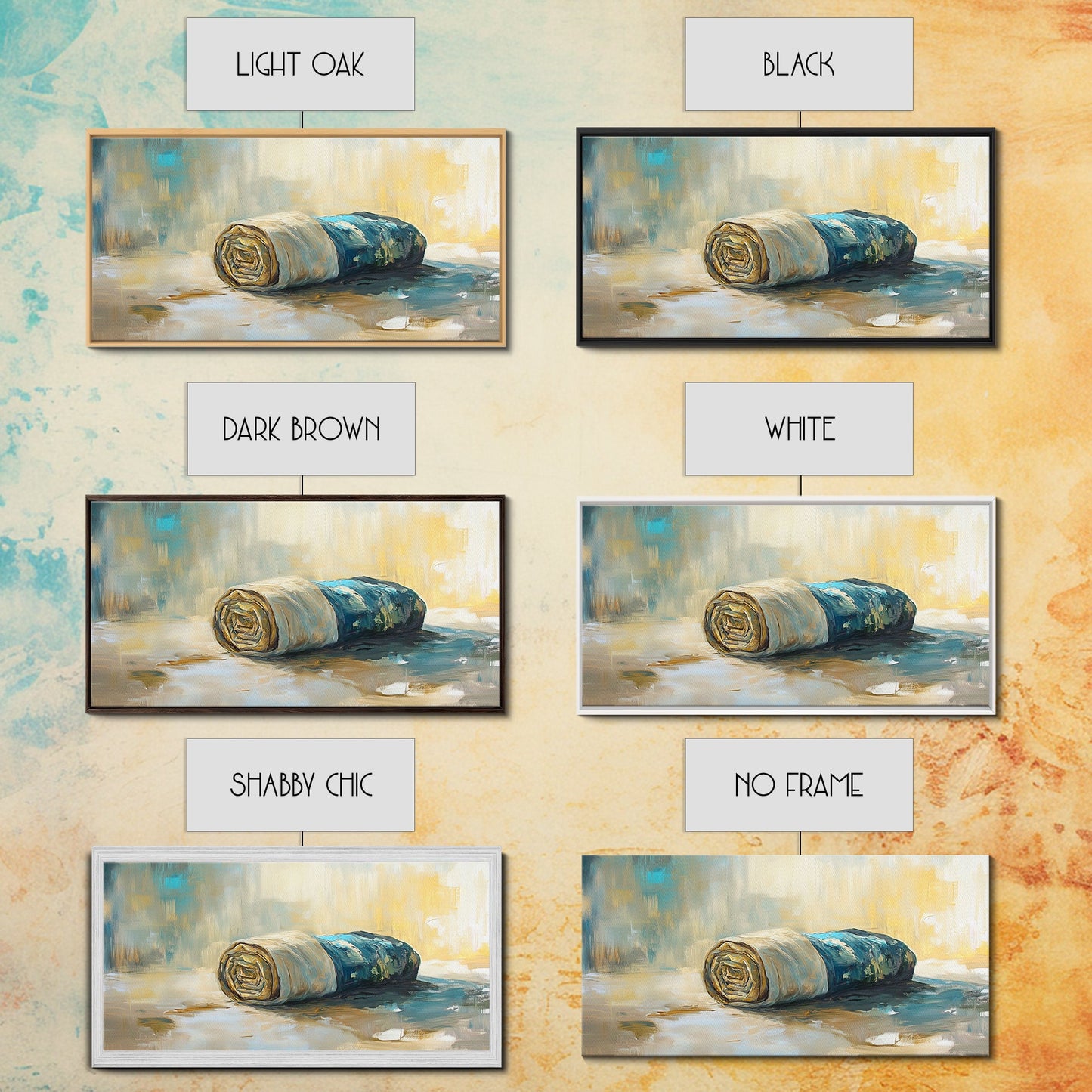 Gerollter Stoff, Ölgemälde nach Foto, rustikale Dekoration, Landhauskunst, Wabi-Sabi-Kunst, gerahmter Leinwanddruck, horizontale Wanddekoration, Geschenkidee