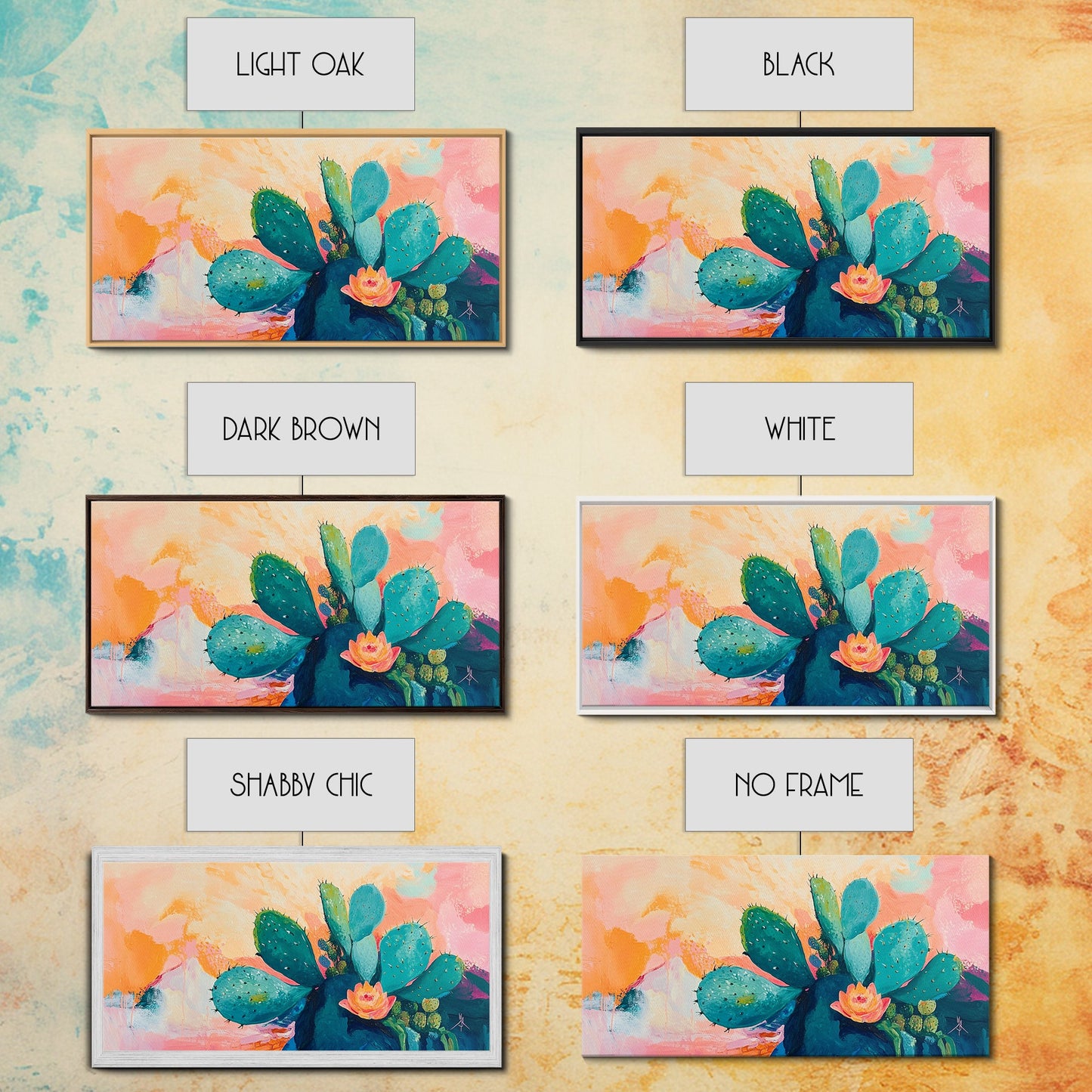 Prickly Pear Cactus, agave painting, southwest wall art, boho art, pink orange wall art, extra wide art, Framed Canvas Print