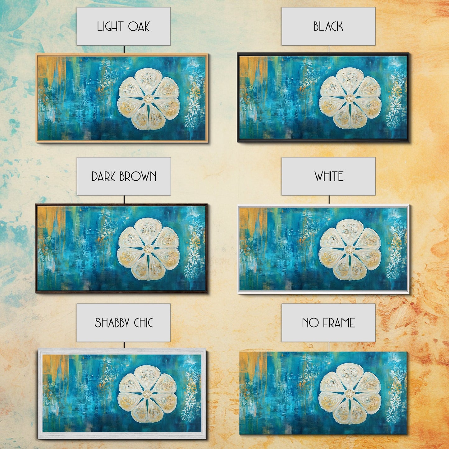 Abstrakte Blumenmotive, botanische Drucke, Küstenlandschaftskunst, Wabi-Sabi-Kunst, gerahmter Leinwanddruck, extrabreite Kunstdrucke, Wandbilder in Blau und Gold