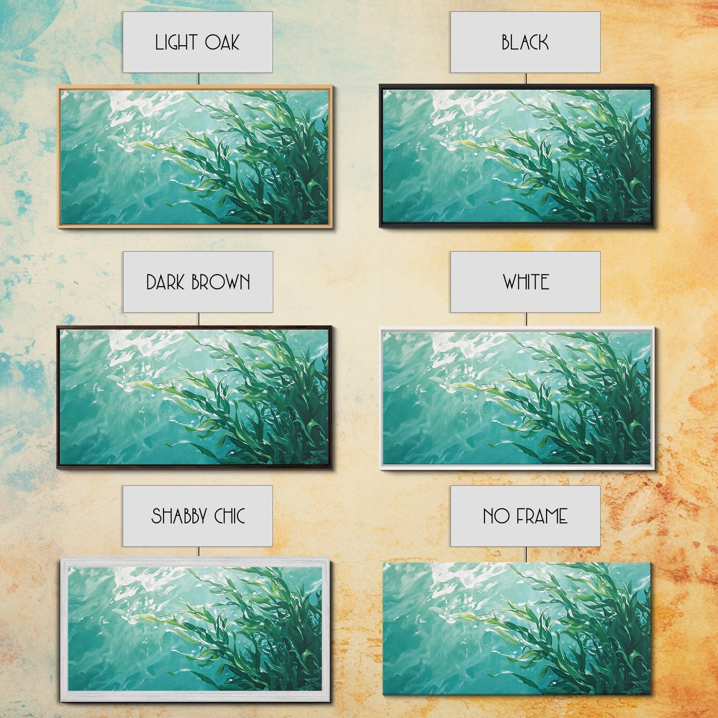 Kunst aus Kelpwäldern, Küstenlandschaften, maritime Wandbilder, gerahmte Leinwanddrucke, vom Meer inspirierte Kunstwerke, Wandbilder in Blau und Grün