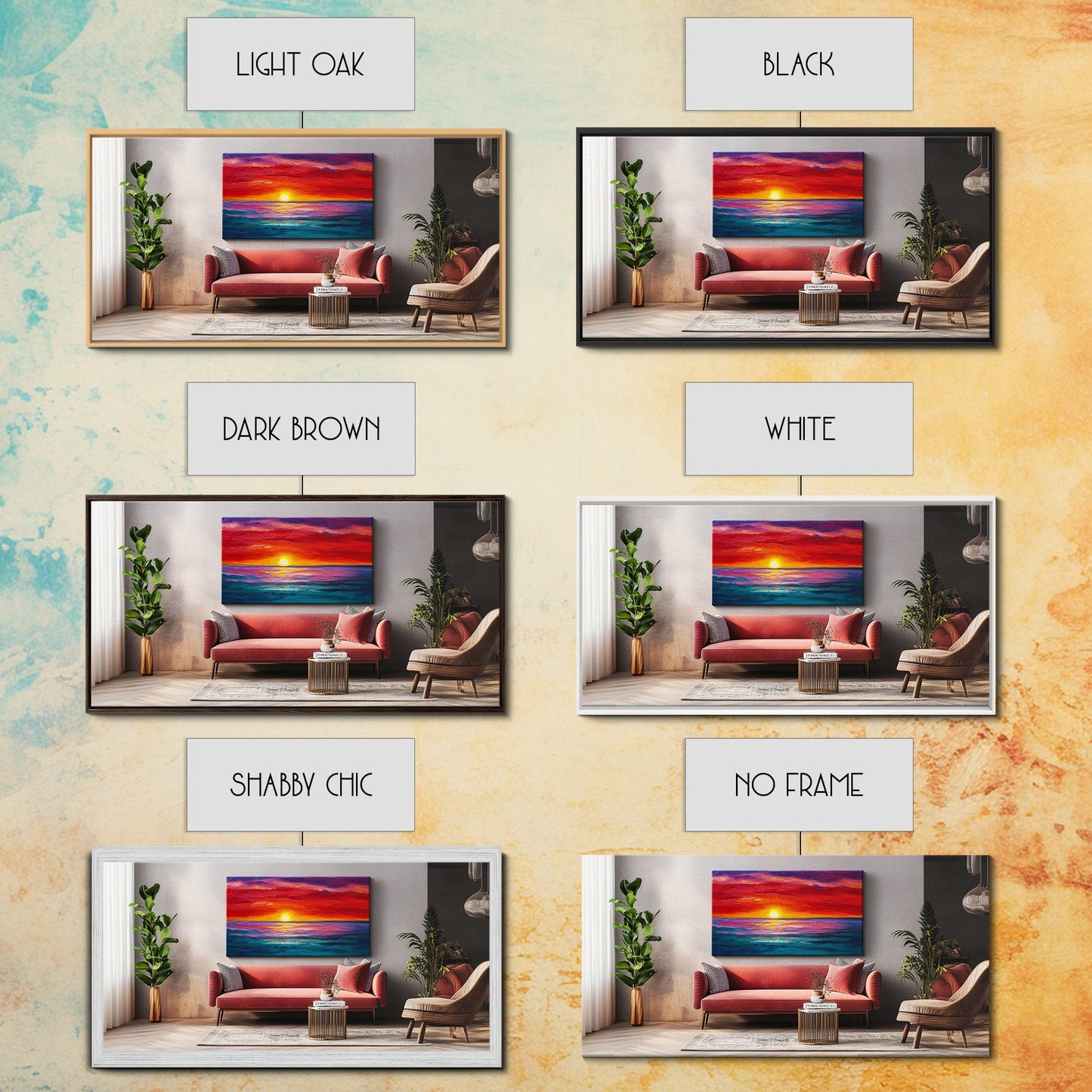 Rote Couch, Sonnenuntergangsgemälde, Kunst für über dem Sofa, Küstenwandkunst, Stranddeko, Panoramabild, gerahmter Leinwanddruck, Wohnzimmerkunst