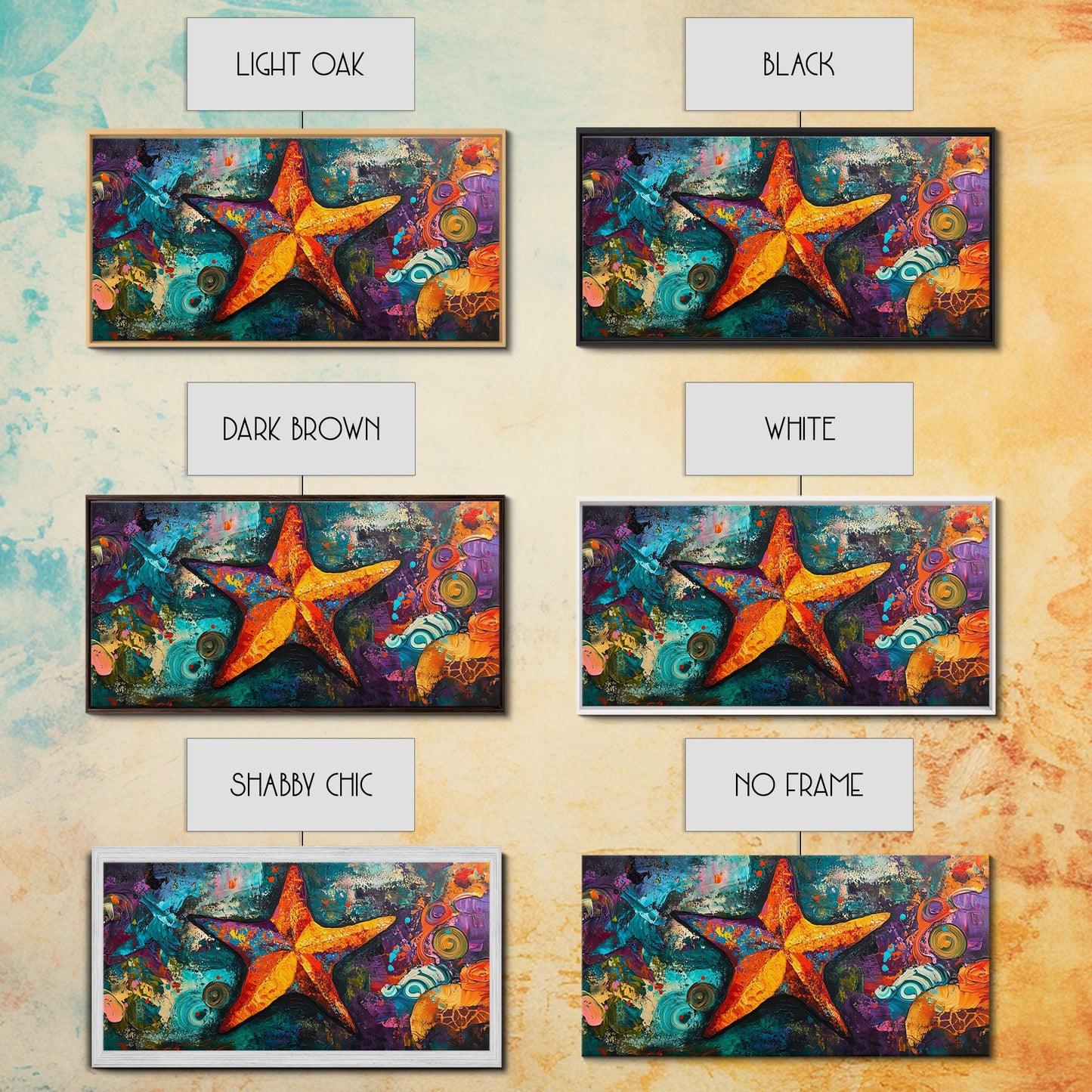 Lebendige Seesterne, abstraktes Küstenmotiv, maritime Dekoration, gerahmter Leinwanddruck, Meeresgemälde, Küstenmalerei, verspielte Kunst