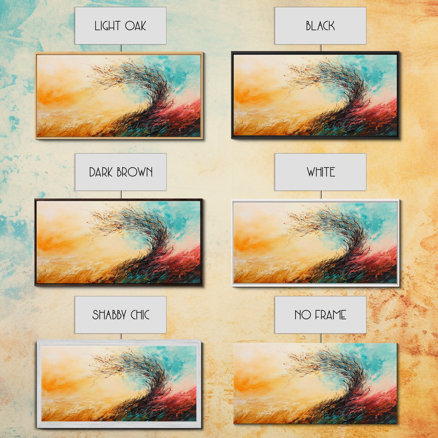 Windiger Herbst, gerahmter Leinwanddruck, Herbstwandbild, abstrakte Landschaft, extra breites Gemälde, Panoramabild, Herbstdekoration