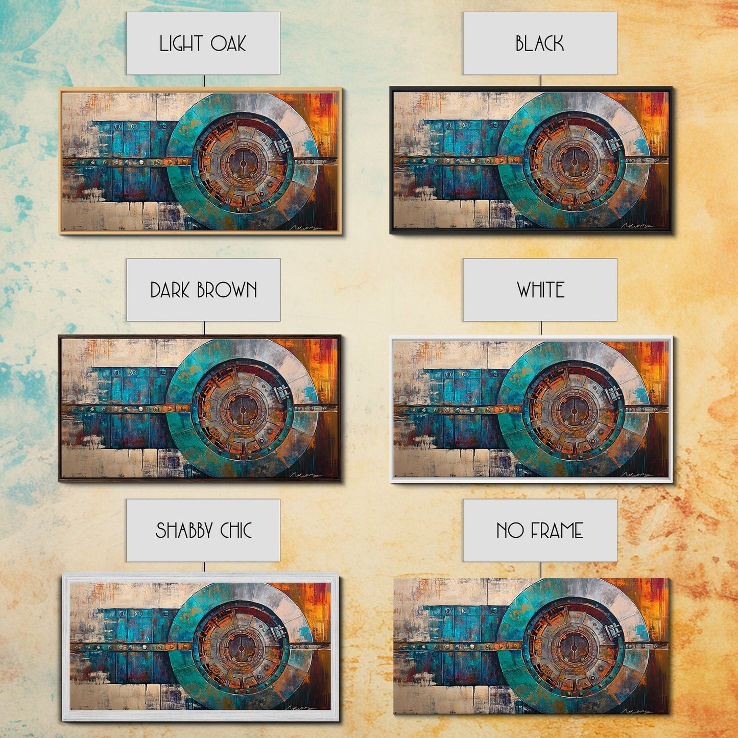 Industrieller Tresorraum, Steampunk-Wandkunst, Mechanische Wandkunst, Extra breite Kunstwerke, Horizontale Wandkunst, Gerahmter Leinwanddruck, Wohnzimmerkunst, Stimmungsvolle Kunst