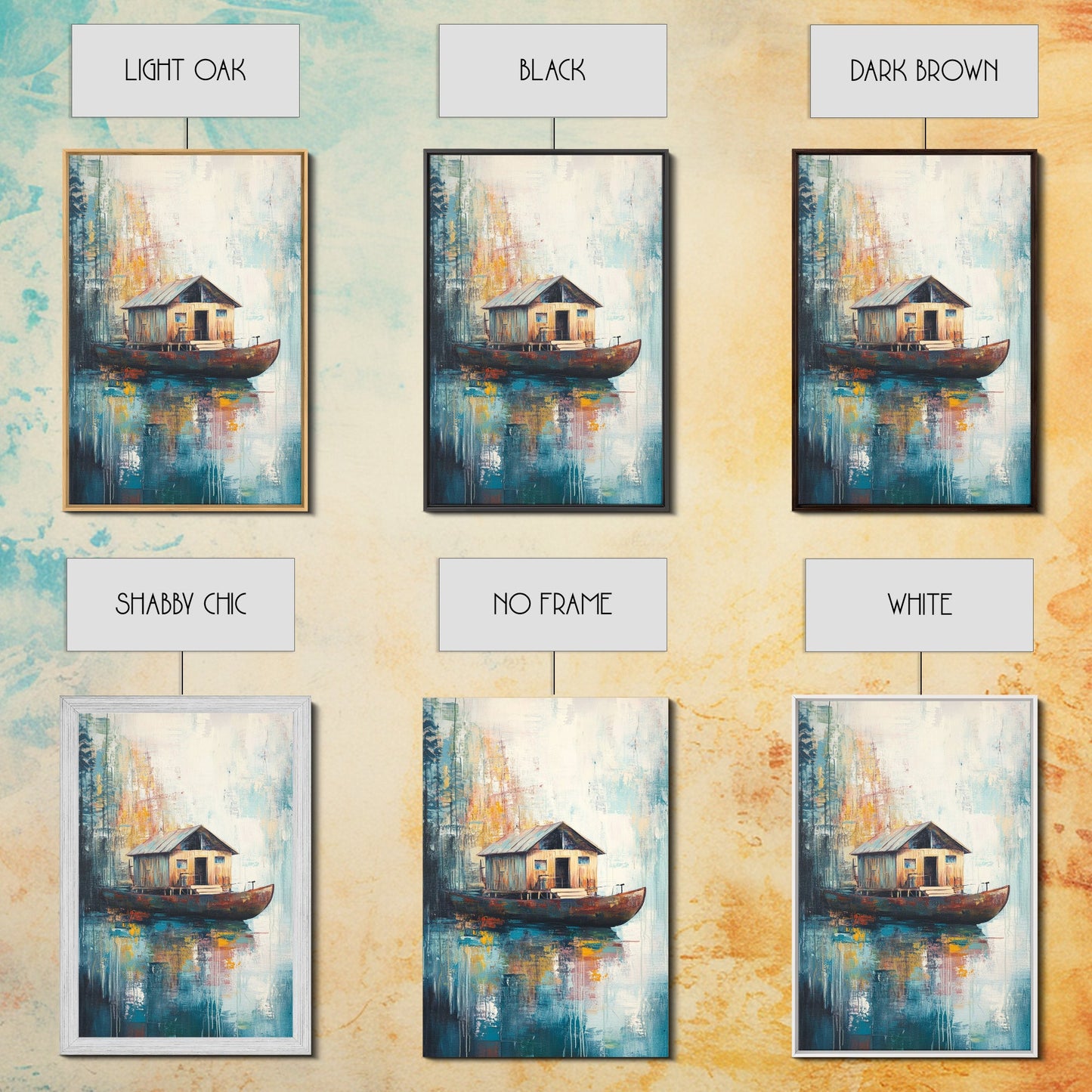 Floating House Painting, Lakefront Scene, Rustic Boat Art, Tranquil Landscape, Water Reflection Art, Framed Canvas Print