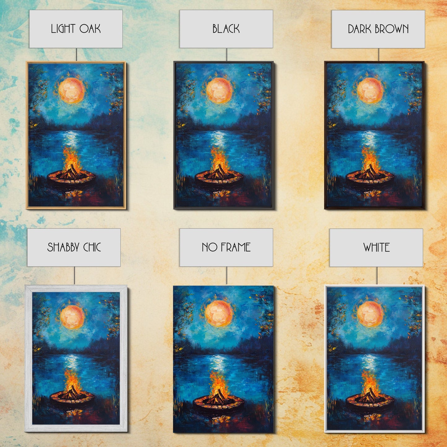 Campfire, Moonlight, Reflection, Framed Canvas Print, landscape painting, moody art, rustic wall art, blue and green wall art, bedroom art