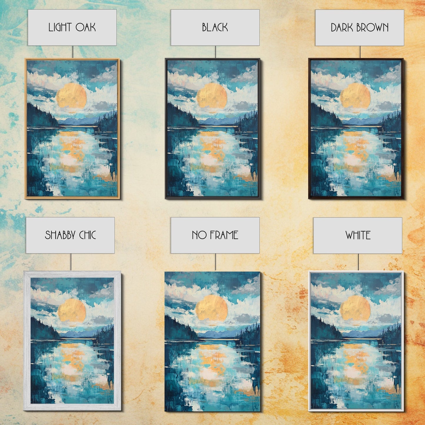 Moon Oil Painting, Smoky Mountain Art, Wabi Sabi Wall Art, Framed Canvas Print, Moody Art, Blue and Green Wall Art, Above Sofa Art