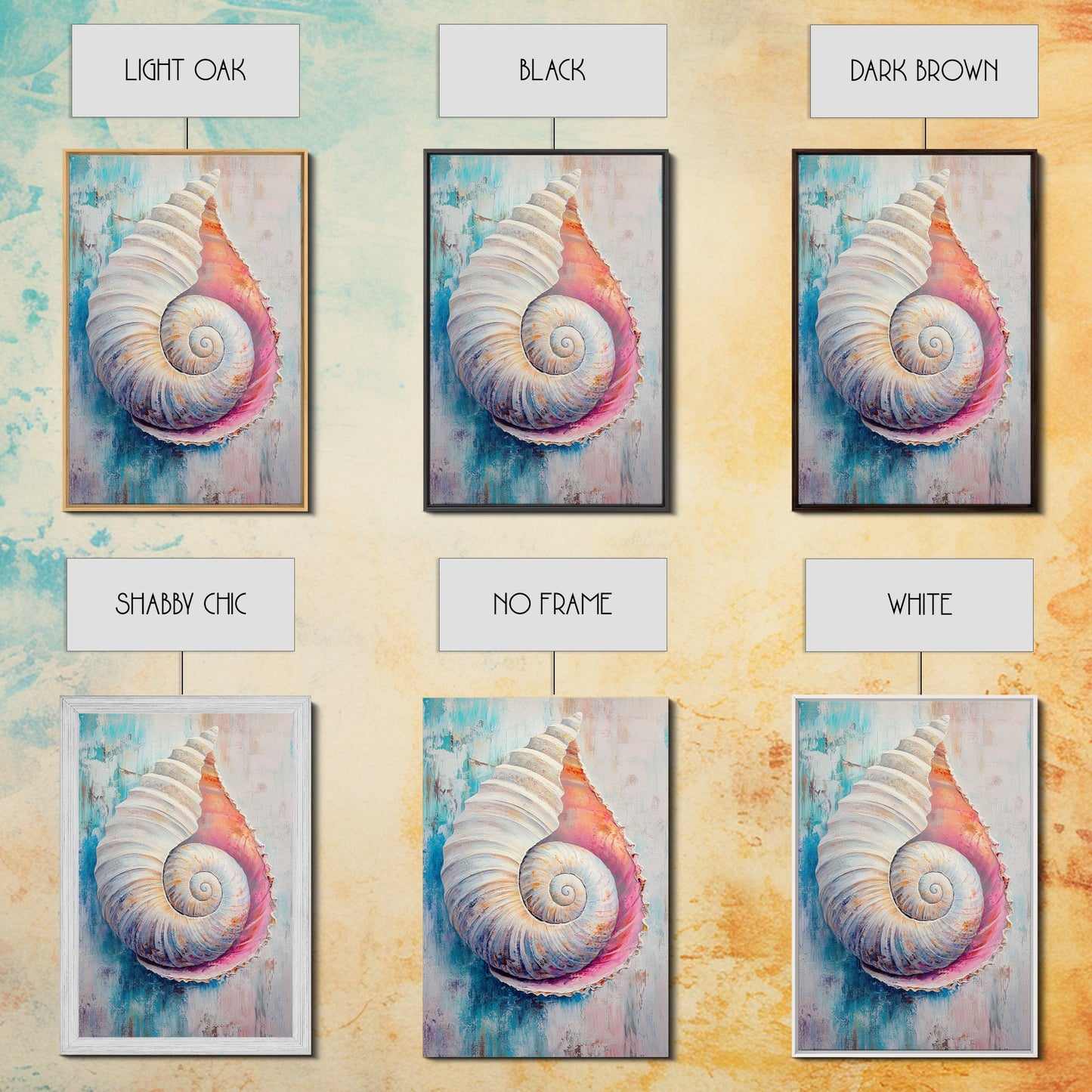 Nautical Shell Framed Canvas Print Coastal Boho Wall Art, Ocean Beach House Decor, Pastel Seashell Painting, Relaxing Seaside Artwork