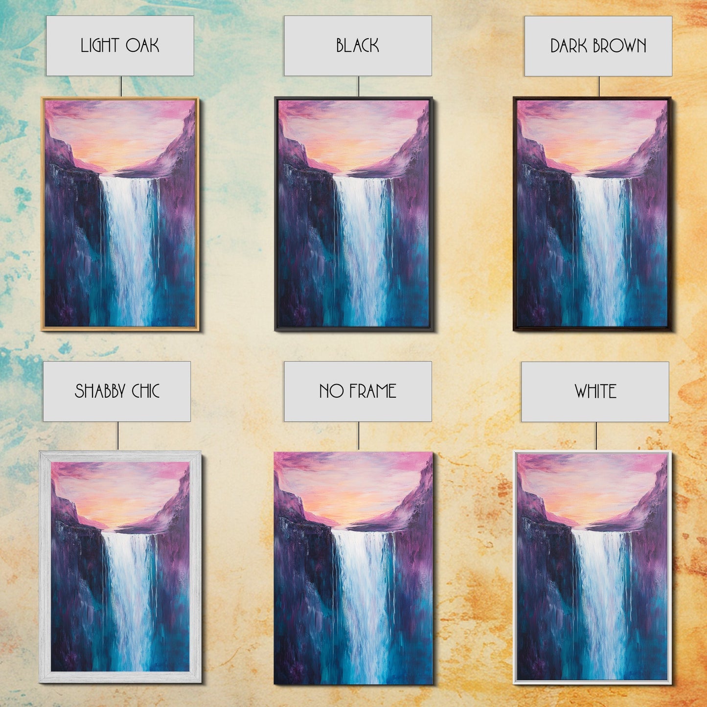 Waterfall Sunset, Moody Art, Mountain Painting, Landscape Painting, Pink Orange Wall Art, Above Couch Art, Canvas Print