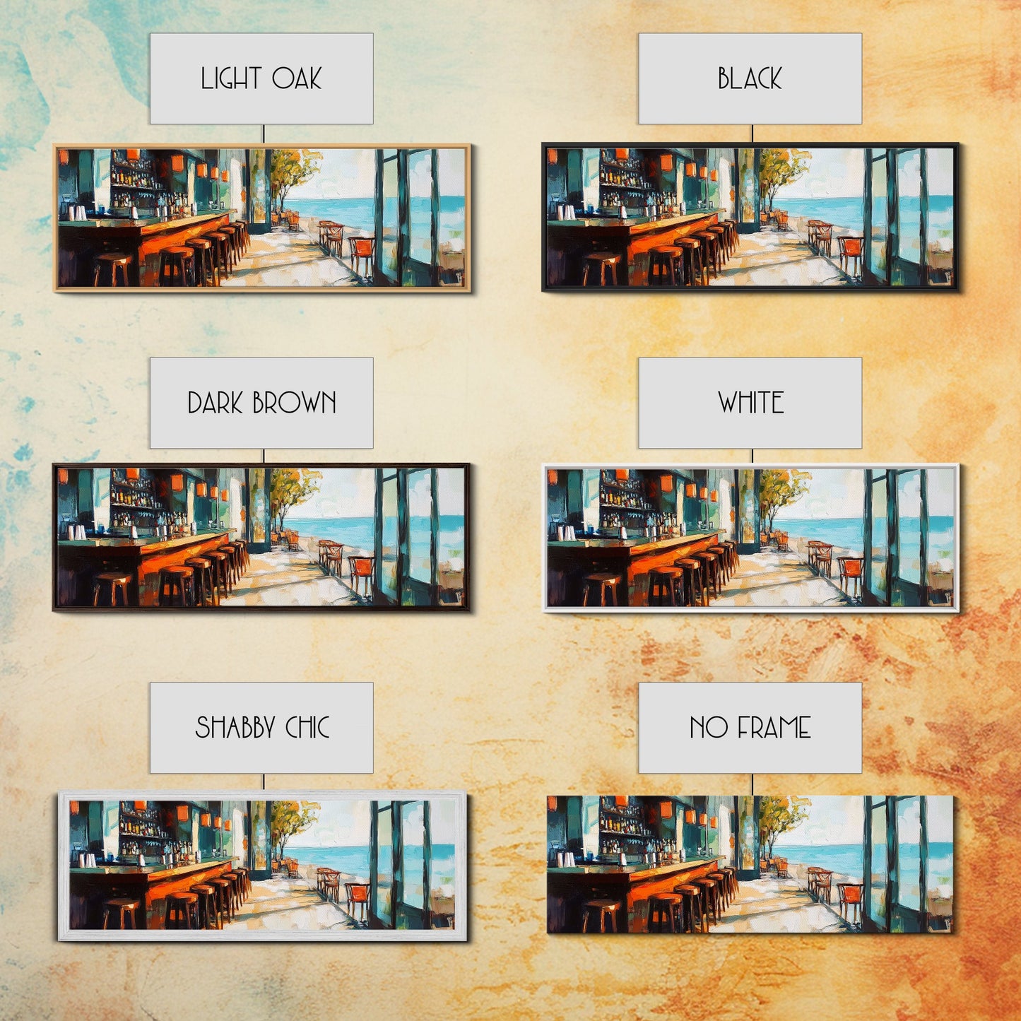 Coastal Beach Bar Framed Canvas Print Modern Seaside Cafe Painting, Coastal Kitchen Wall Art, Tropical Decor, Ocean View Artwork