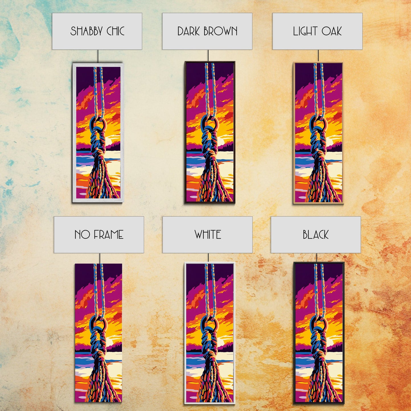 Schaukelseil, maritime Wandkunst, Sonnenuntergangs-Leinwanddruck, Küstenhaus-Dekoration, Strandhauskunst, Wohnzimmerkunst, Boho-Ästhetik