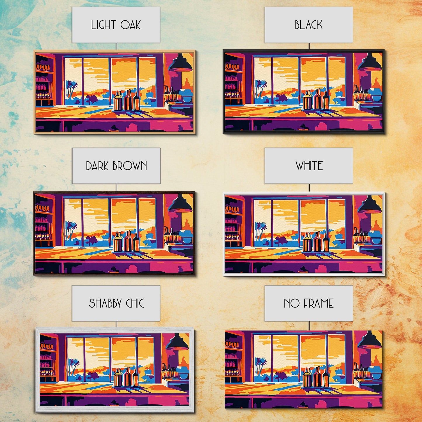 Bar Sunset, Wine Bottles, Cozy Kitchen, Framed Canvas Print, Wall Art, Modern Home, Dining Room, Cocktail Lounge, Warm Colors, Vibrant Art