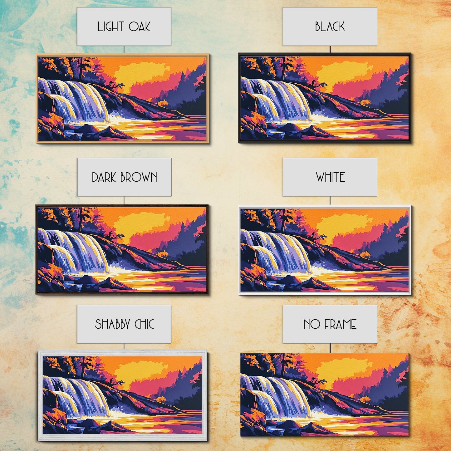 Waterfall, Forest, Autumn Sunset, Peaceful Scenery, Framed Canvas Print, Cabin Retreat, Rustic Home, Relaxing Nature, Vibrant Colors