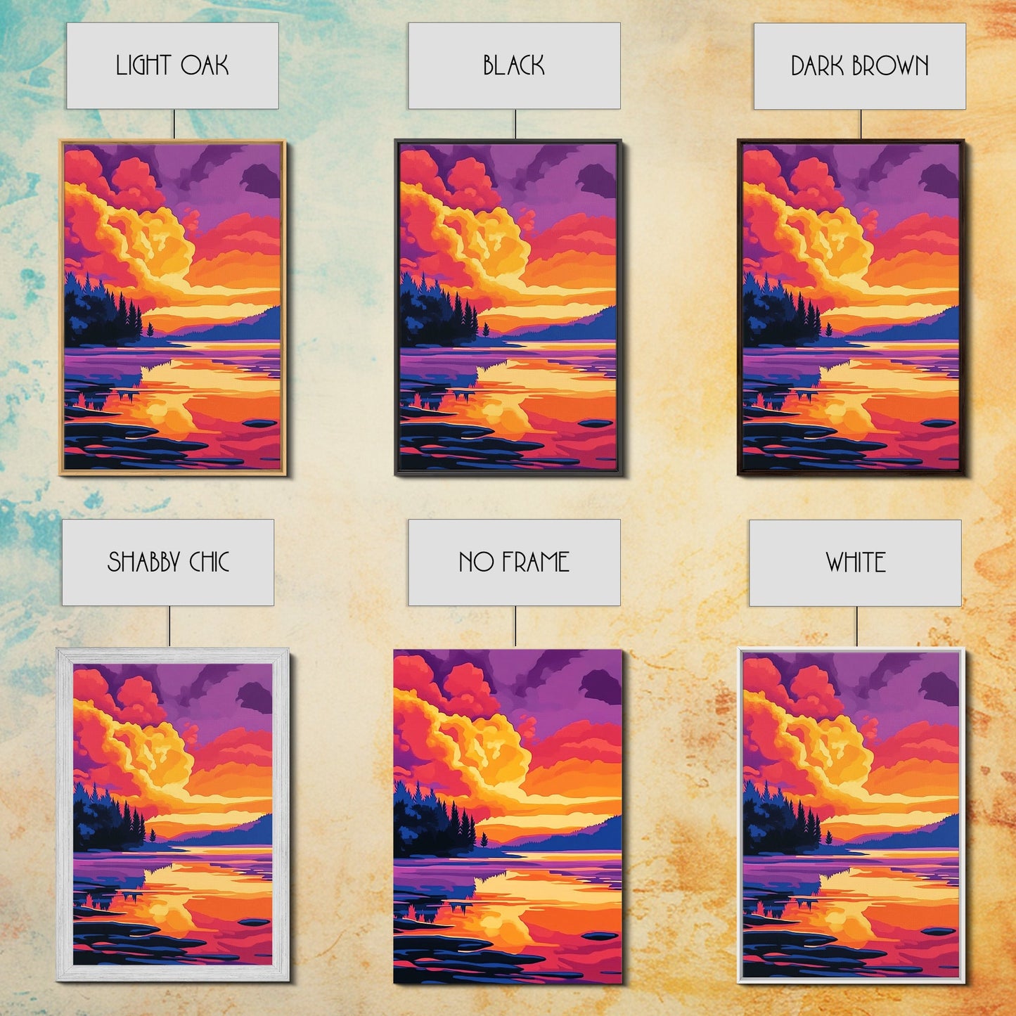 Tranquil Lake, Vibrant Sunset, Reflection Art, Serene Scene, Framed Canvas Print, Living Room Wall Art, Nature Decor, Landscape Painting