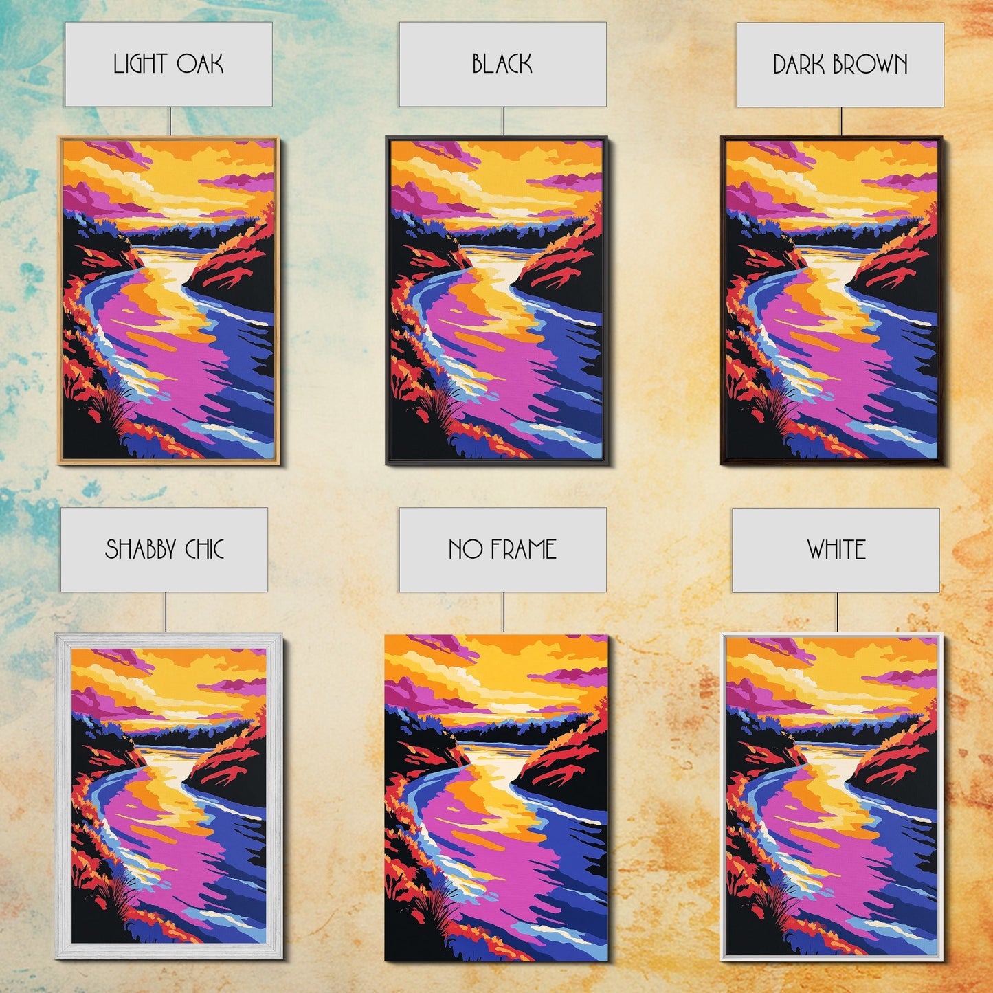 Sunset River Bend, Vibrant Landscape, Colorful Sky, Bold Nature, Framed Canvas Print, Living Room Art, Rustic Wall Decor, Boho Landscape