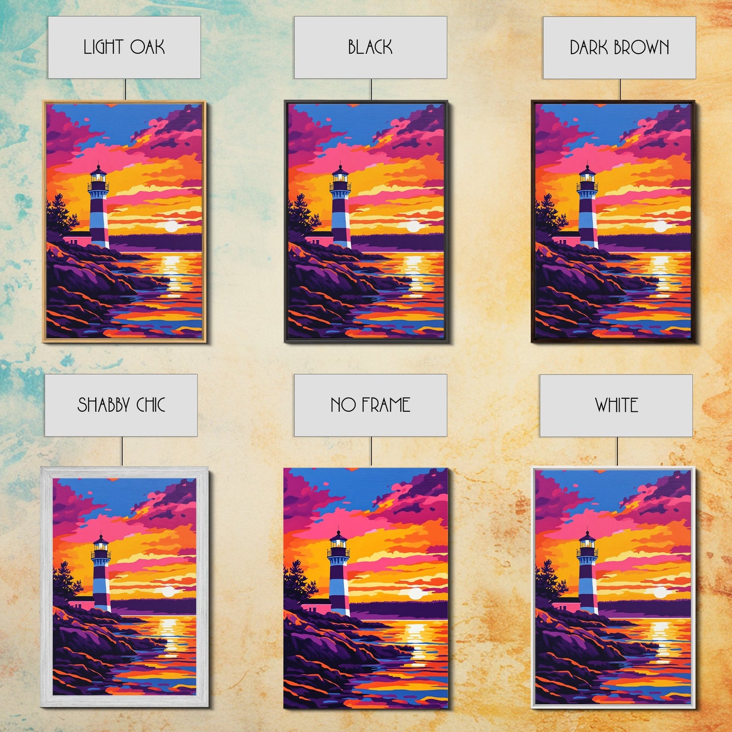 Leuchtturm, Sonnenuntergang, Küste, Meereslandschaft, gerahmter Leinwanddruck, nautische Dekoration, Wandbild fürs Strandhaus, lebendiges Ozeangemälde, Wohnzimmerkunst