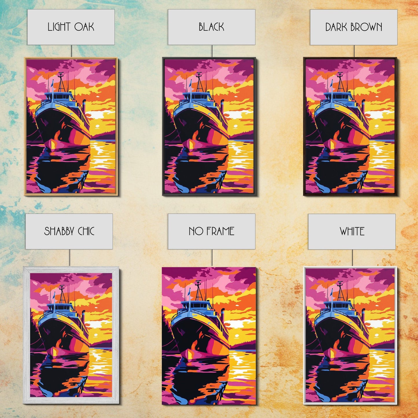 Sunset Boat Art, Nautical Wall Art, Ocean Sunset Painting, Coastal Decor, Vibrant Boat Scene, Framed Canvas Print, Living Room Art