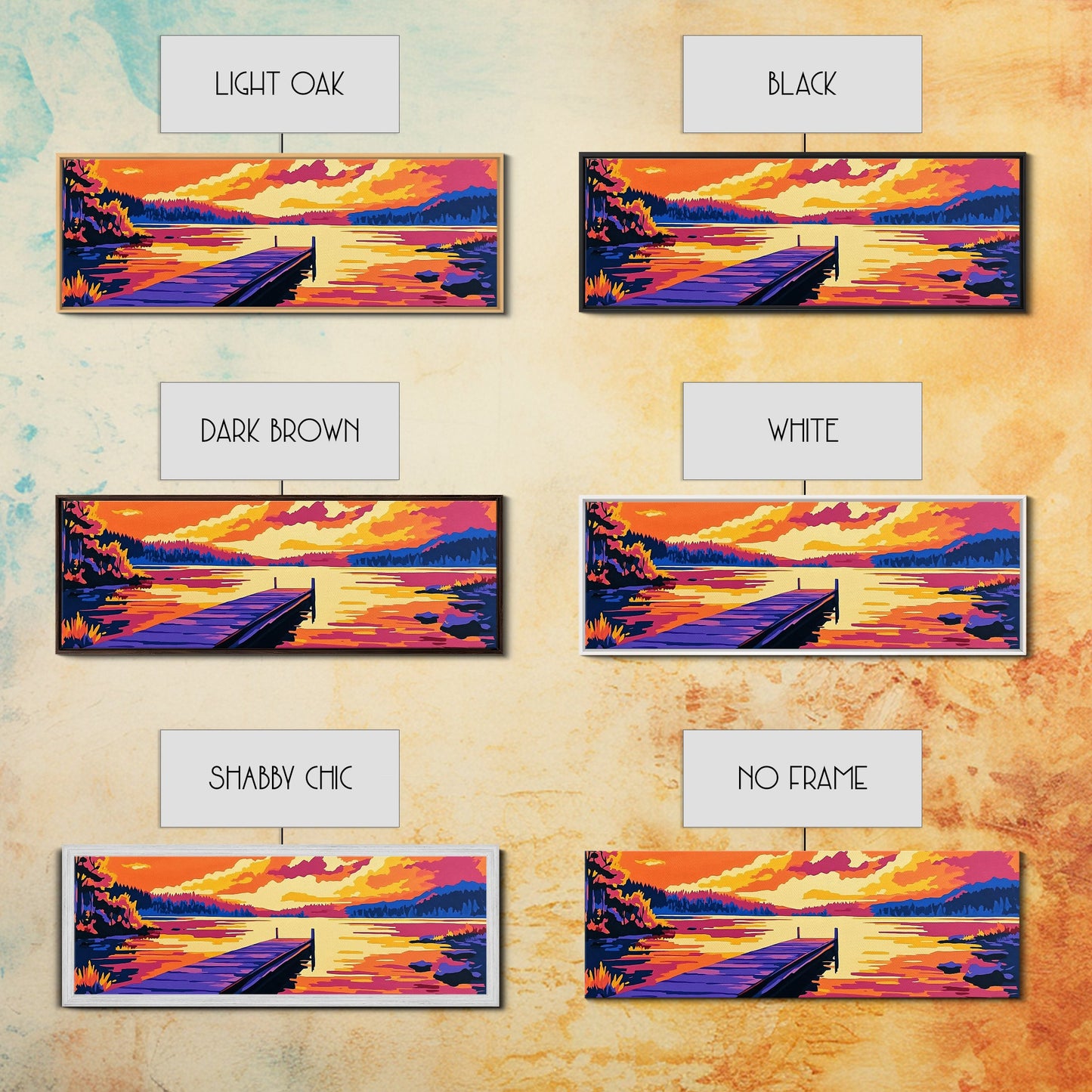 Sunset Lake, vibrant landscape, nature wall art, modern decor, colorful painting, Living Room Wall Art, Canvas Print, Framed Canvas Print