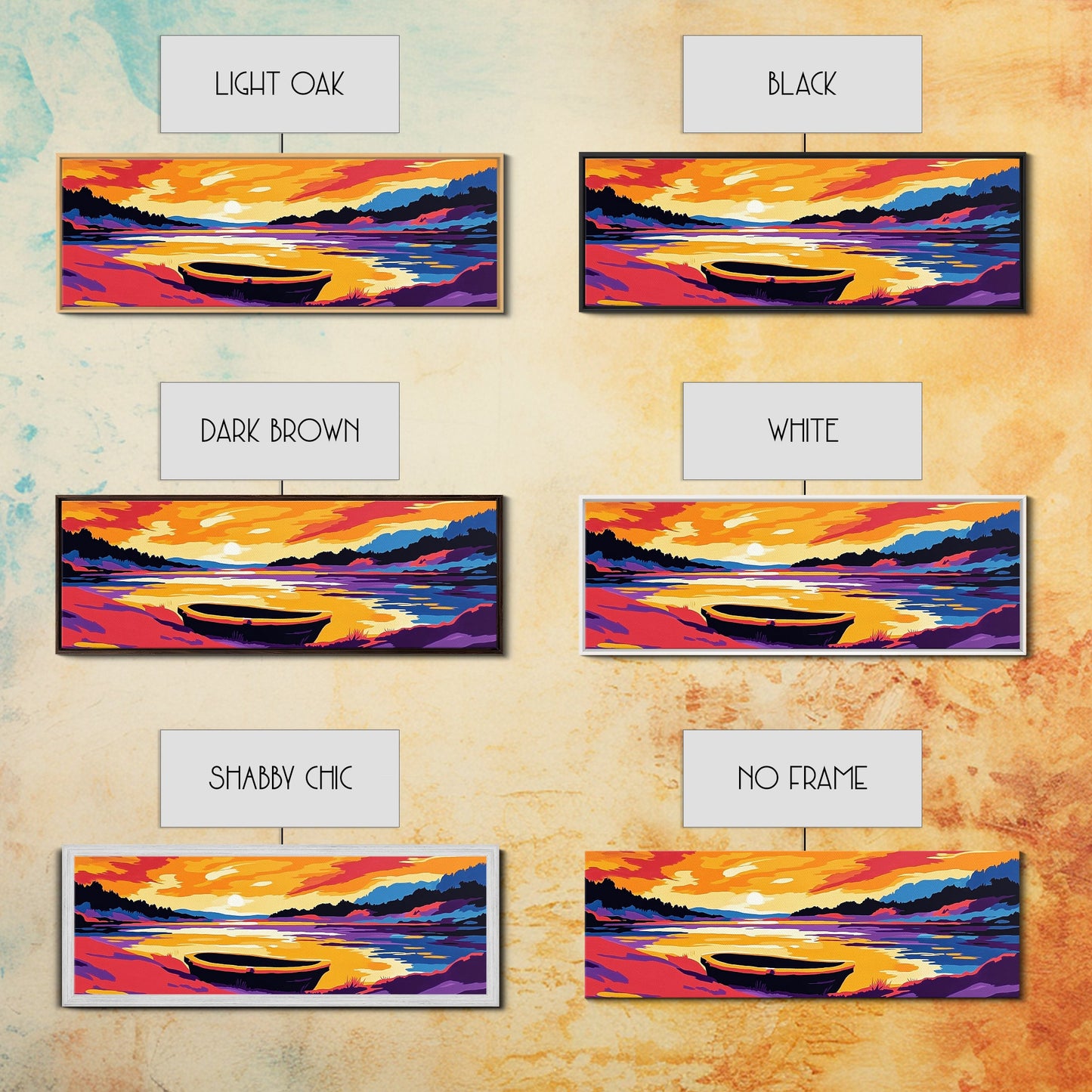 Sunset Boat, Serene Lake, Framed Canvas Print, Tranquil Water Art, Calm Landscape, Warm Color Palette, Boho Home Decor, Bedroom Wall Art