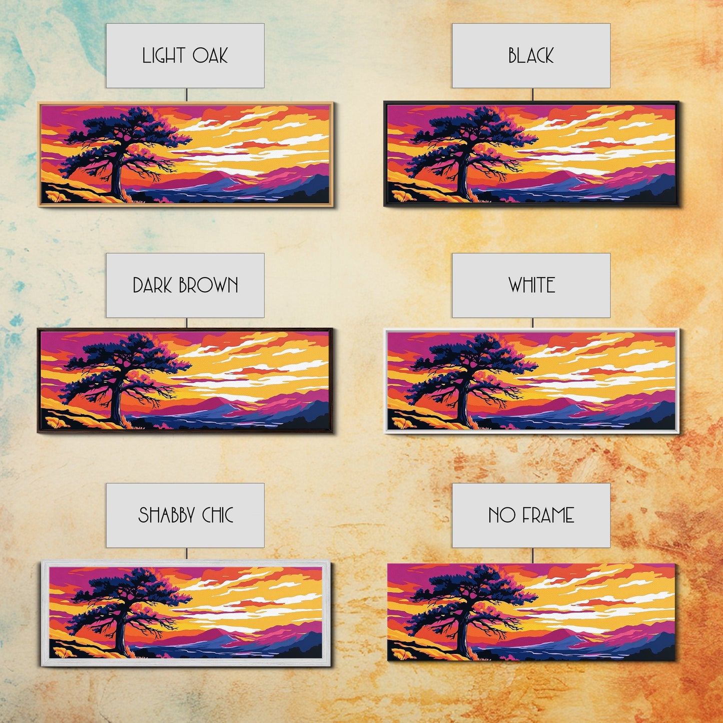 Lone Tree Art, Sonnenuntergangslandschaft, Naturwanddeko, Bergblick, Rustikale Wohnkunst, Südwest-Ästhetik, Großes Wandbild, Leinwanddruck