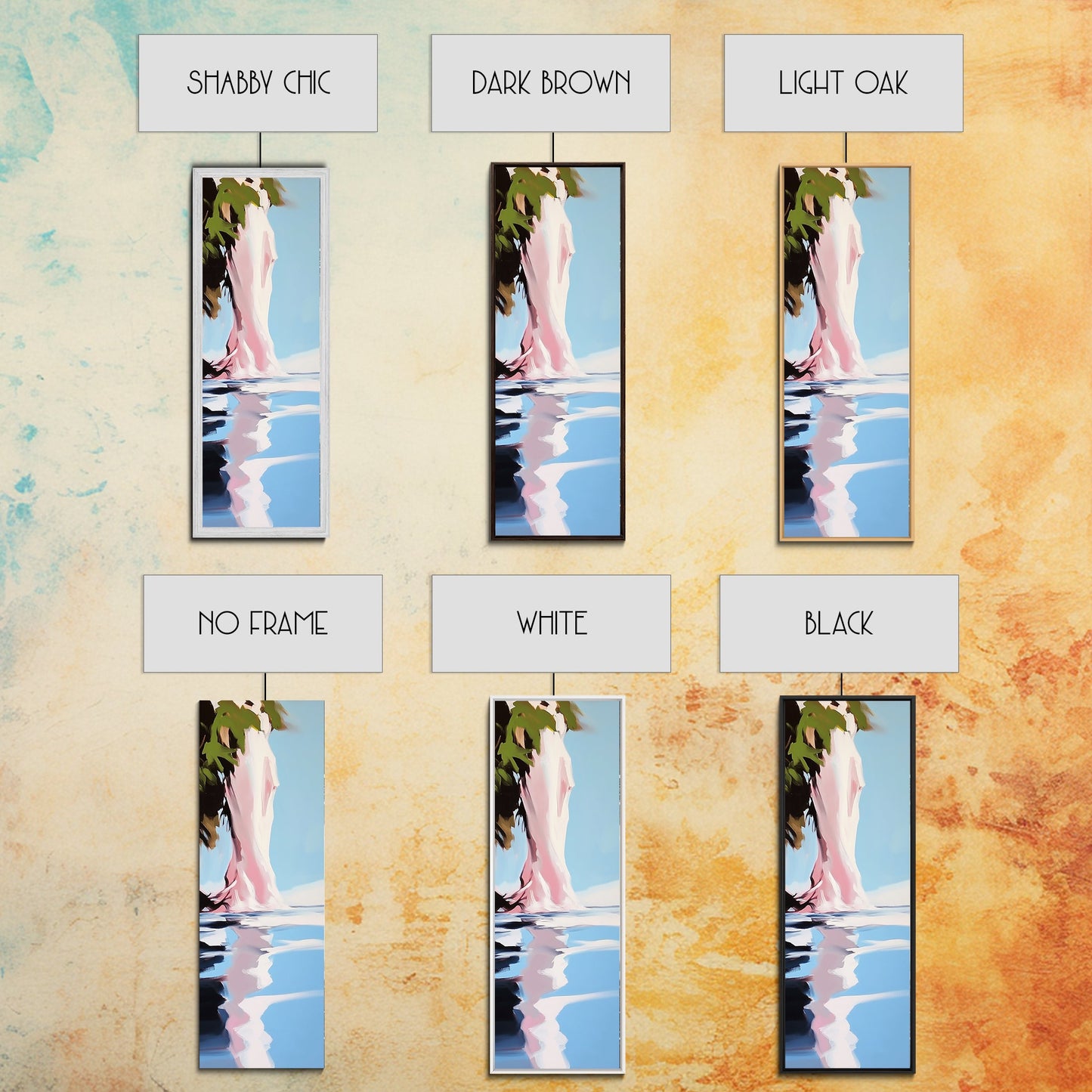 Wasserspiegelung, abstrakter Baum, surreale Natur, gerahmter Leinwanddruck, beruhigende Wandkunst, sanftes Blau und Rosa, Wandbild fürs Wohnzimmer