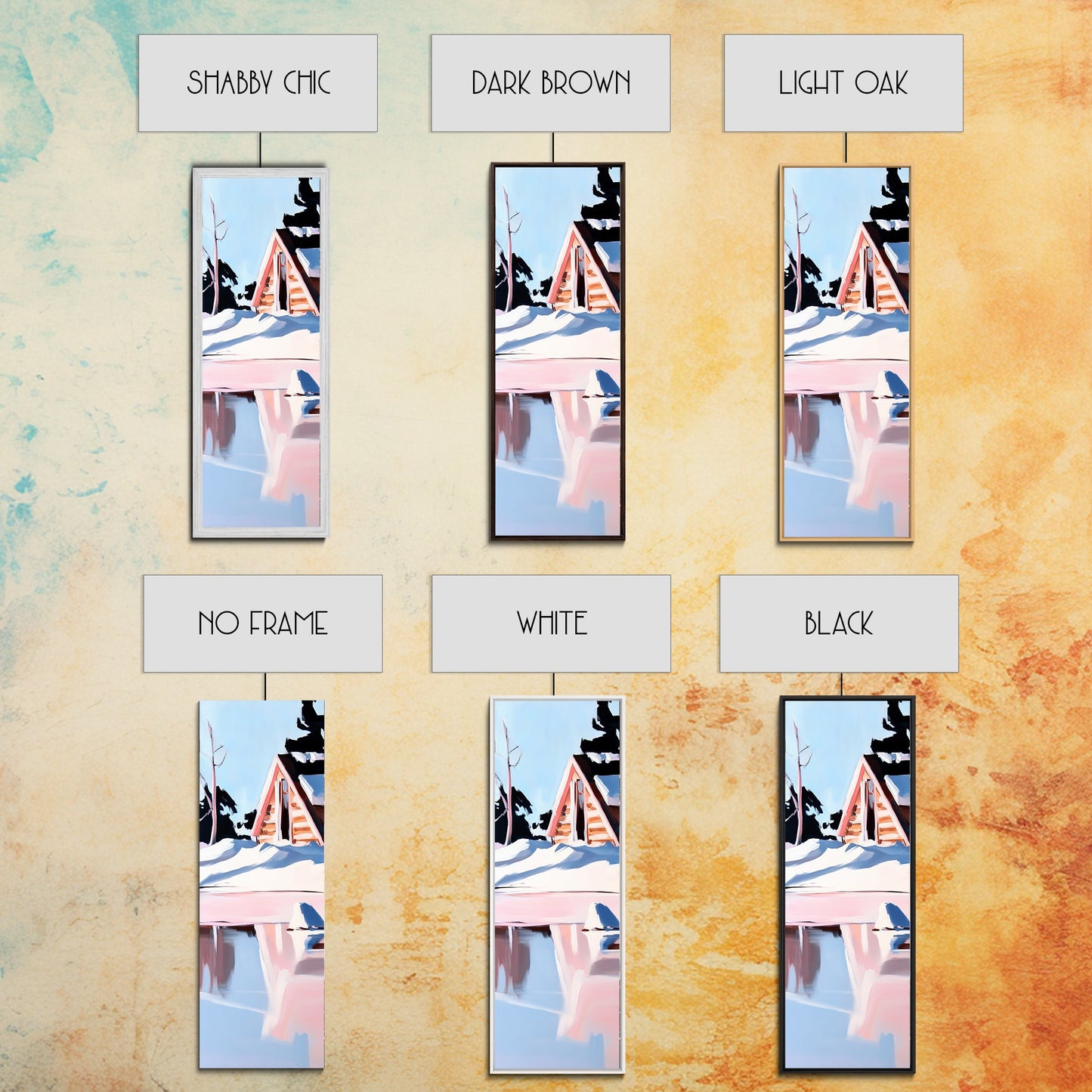 Winterhütte, verschneite Spiegelungen, gerahmter Leinwanddruck, gemütliches rustikales Wandbild, nordische Ästhetik, minimalistische Landschaft, Schlafzimmerdekoration