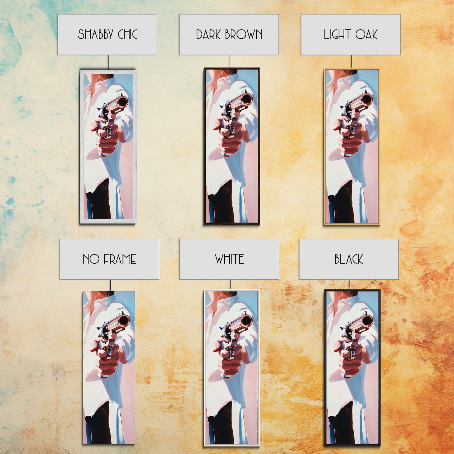 Revolverheld, Westernkunst, gerahmter Leinwanddruck, moderne Cowboy-Wandkunst, maskuline Bürodekoration, dramatische Filmszene, Pop-Art-Ästhetik