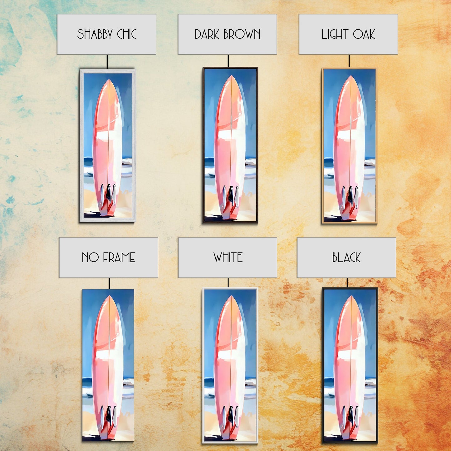 Pinkes Surfbrett, Strandhaus-Kunst, Küstenästhetik, Surfer-Lifestyle, Sommerfeeling, Gerahmter Leinwanddruck mit Ozeanmotiv, Moderne Wanddekoration