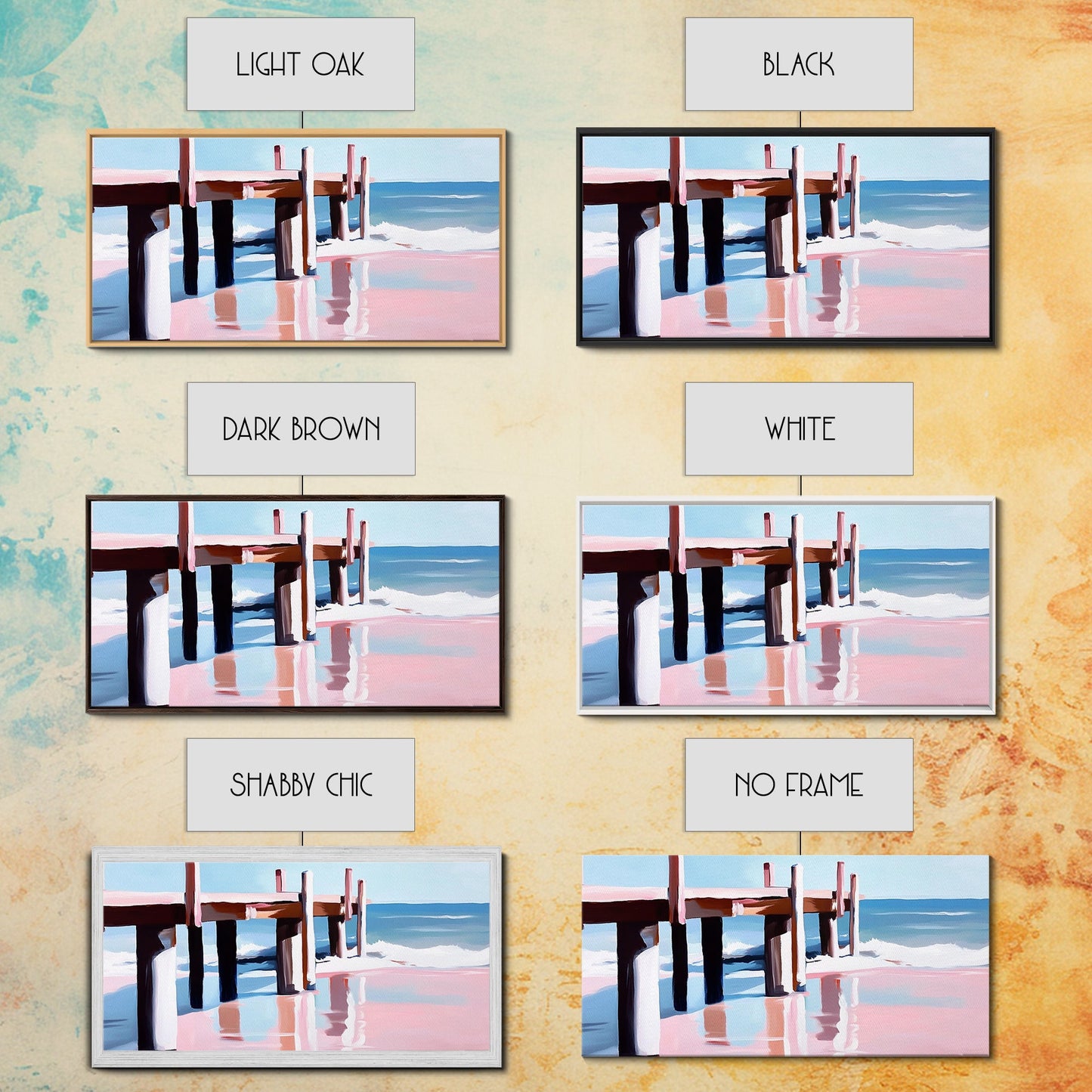 Strandpier-Gemälde, Küstenlandschaft, maritime Kunst, minimalistische moderne Ästhetik, entspannende sommerliche Wanddekoration, Leinwanddruck