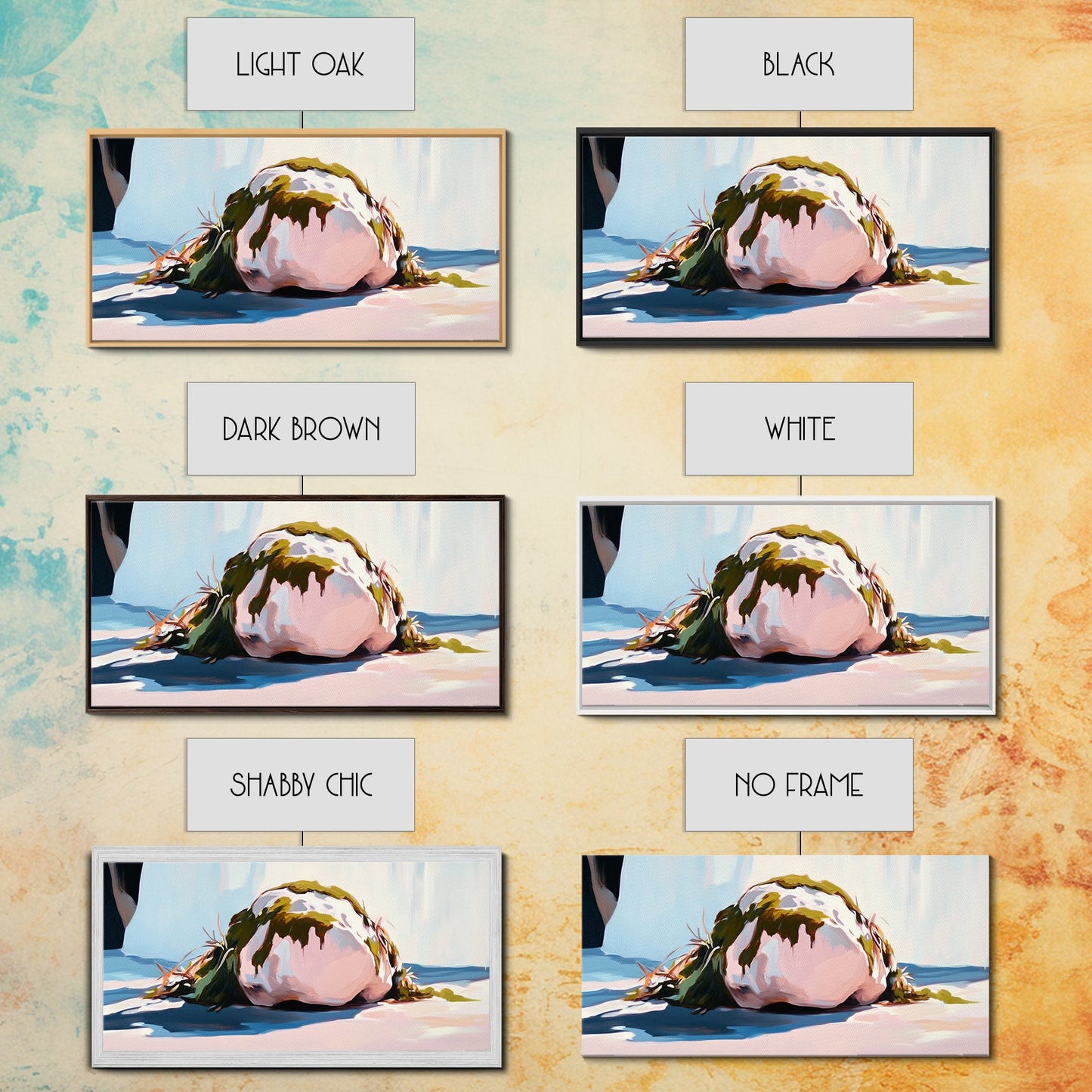 Moosbewachsener Felsen am Strand, Naturkunst am Meer, Erdiger Meeresdruck, Ruhige Zen-Dekoration, Organische minimalistische Ästhetik, Leinwanddruck fürs Wohnzimmer