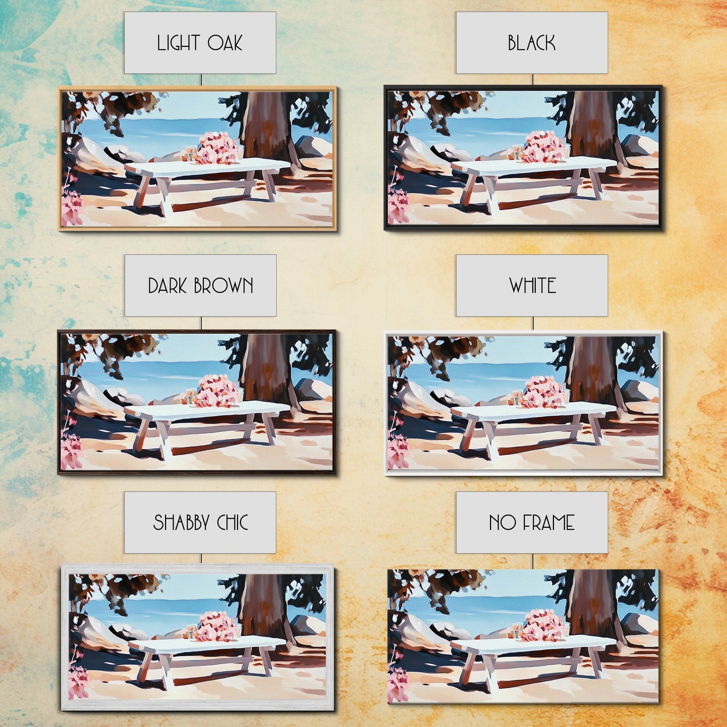 Strandpicknick, Essen am Meer, Sommerliche Wandbilder, Gerahmter Leinwanddruck, Küstendeko, Entspannende Atmosphäre, Küchenkunst, Maritime Ästhetik